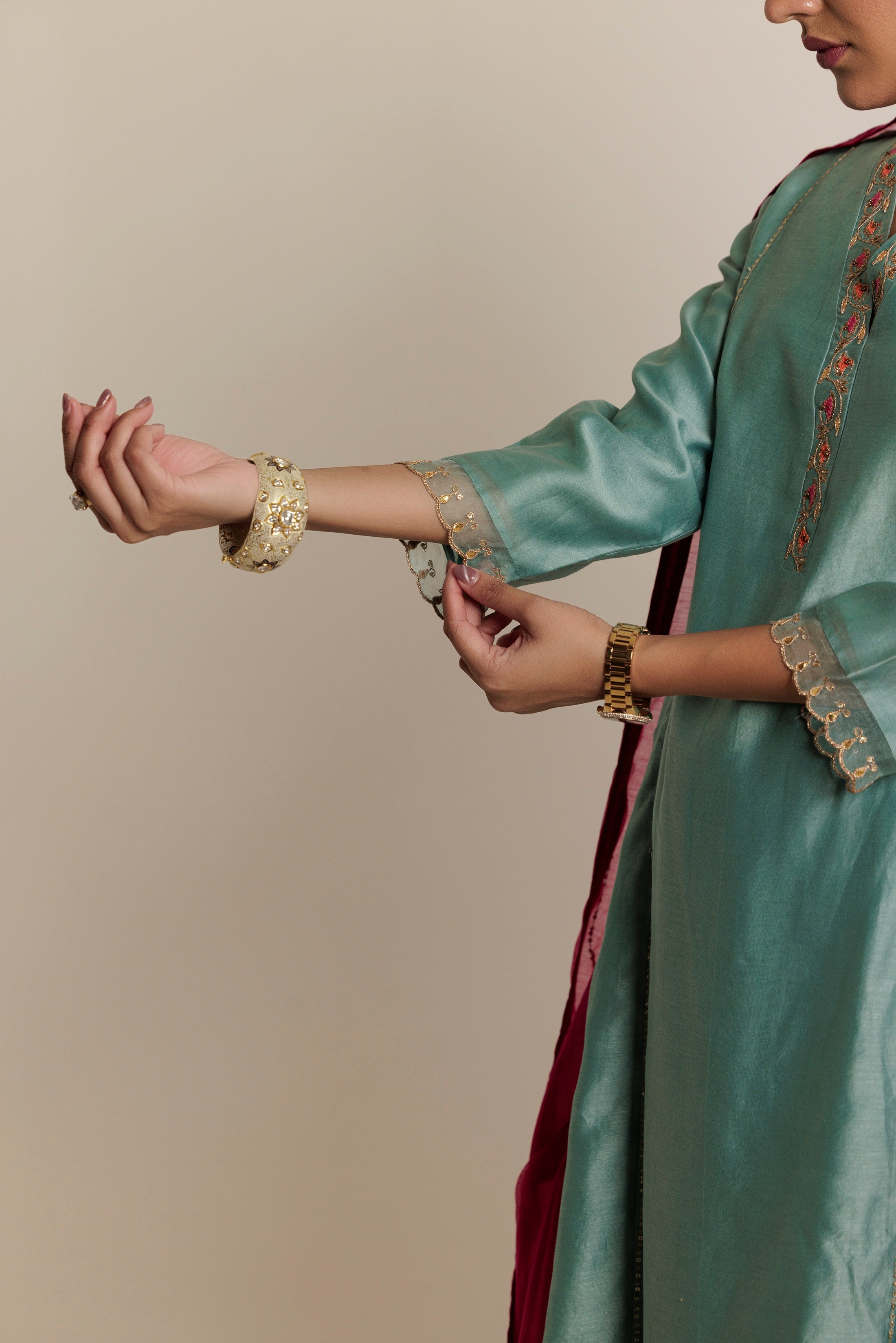 Aqua A-line Embroidered Gota Patti Kurta Set