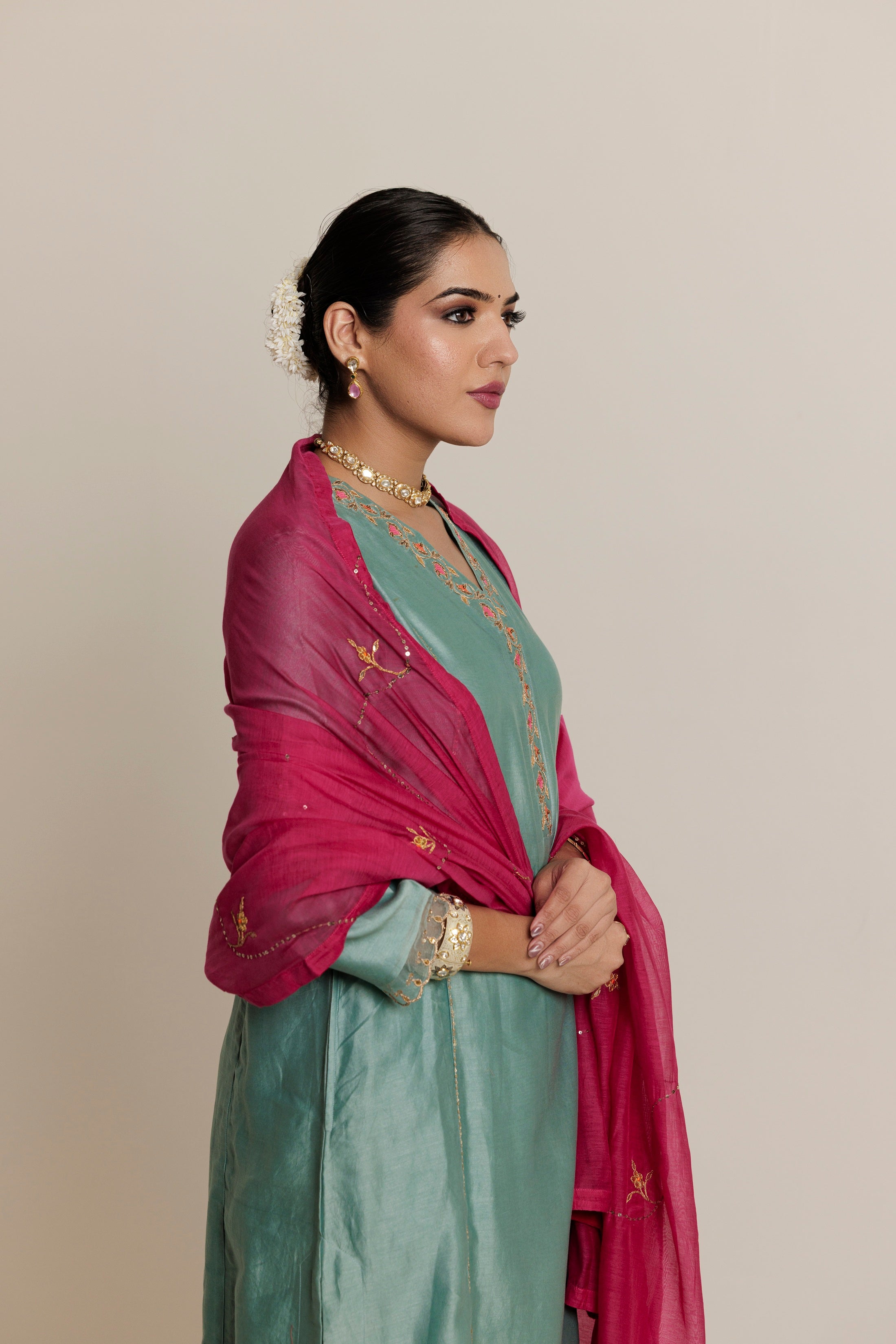 Aqua A-line Embroidered Gota Patti Kurta Set