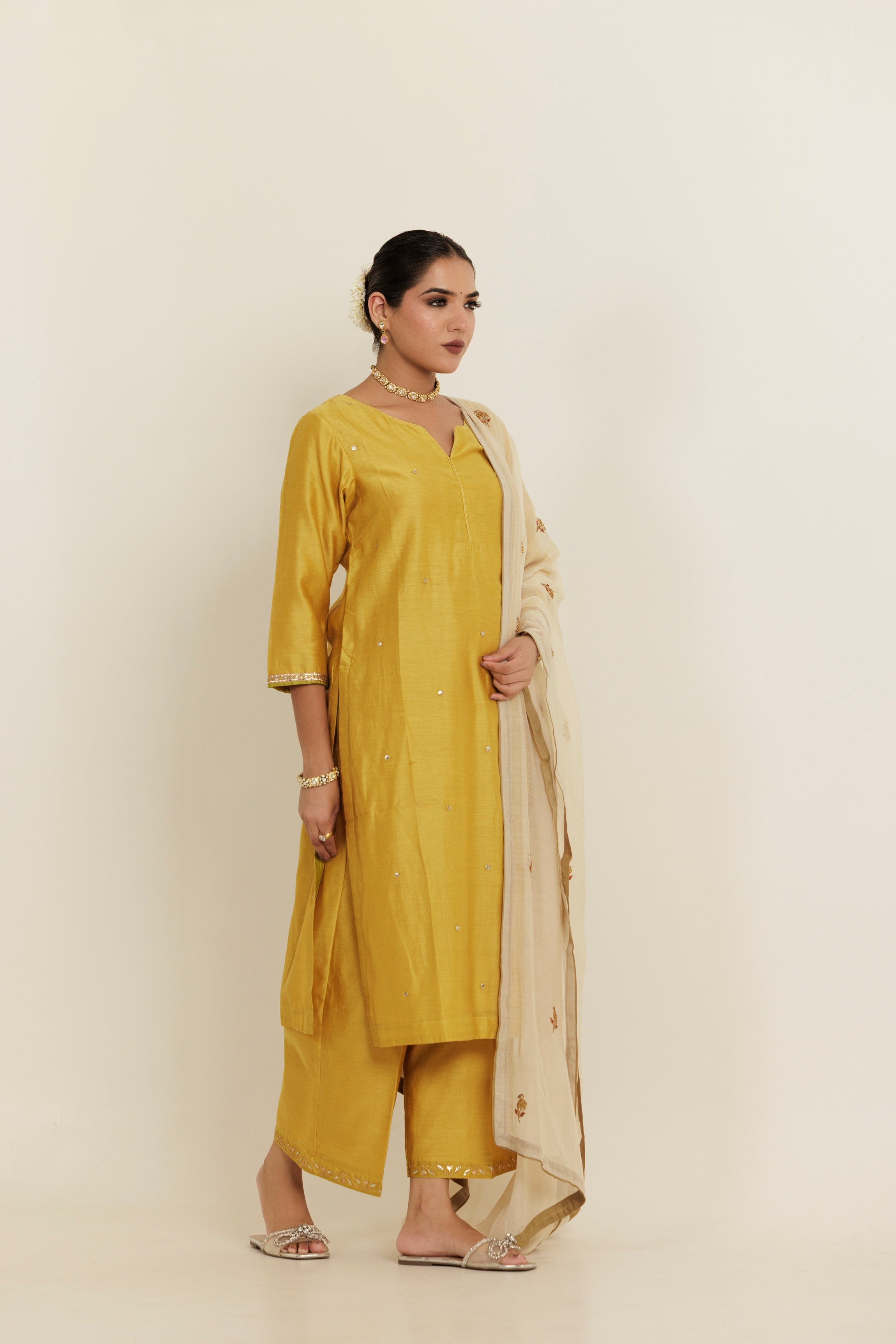 Sand Yellow Gota Patti Embroidered Chanderi Kurta Set