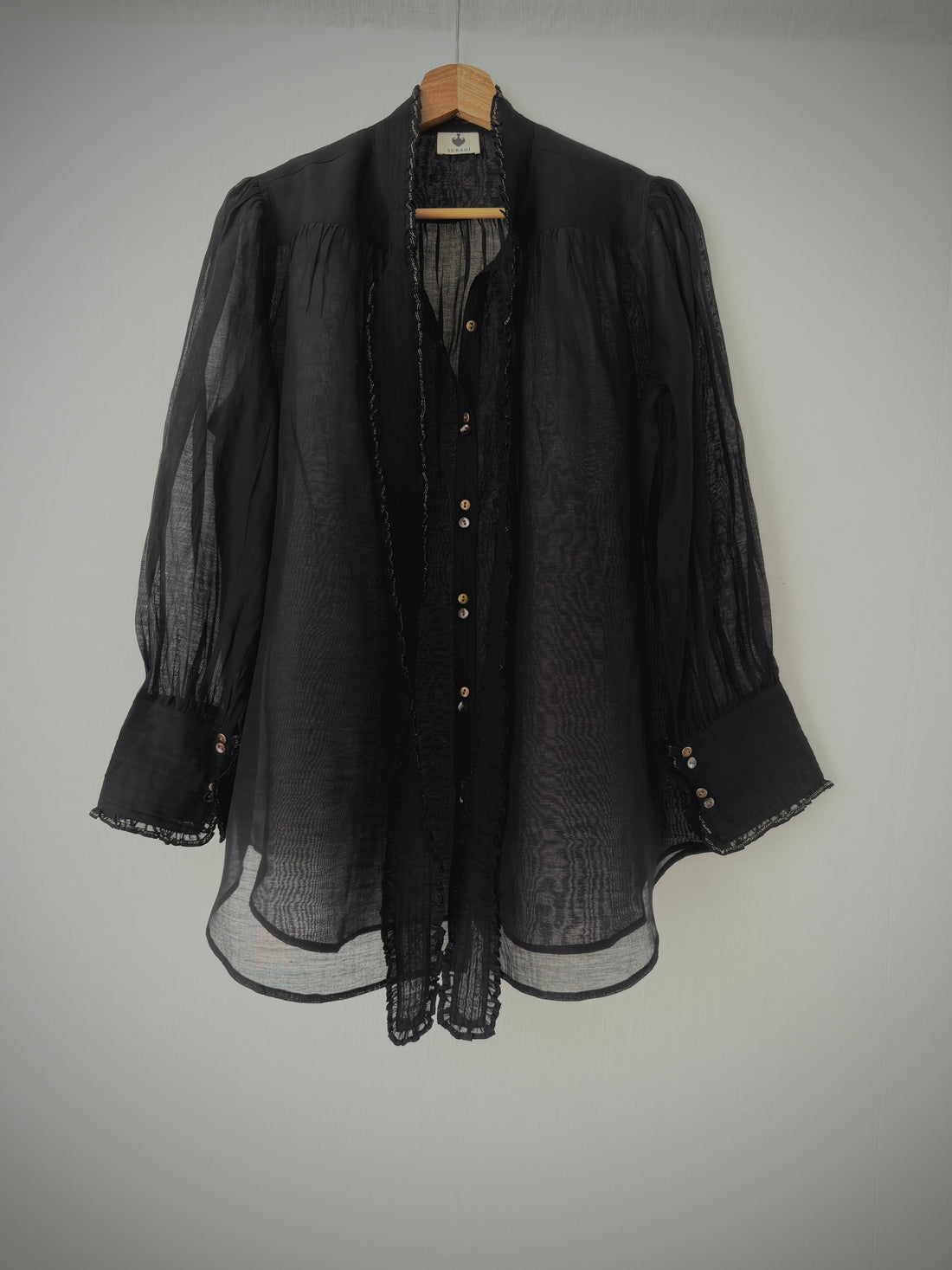 Victorian Frill Shirt with a Tie - Black Cotton Silk Sheer Blouse