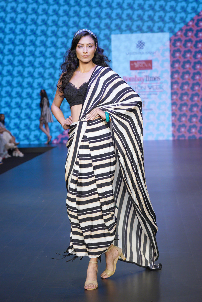 ALEXA-B&W STRIPED PRE DRAPE SAREE