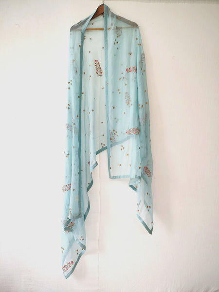 Turquoise Floral Hand Embroidered Gota Patti Festive Dupatta