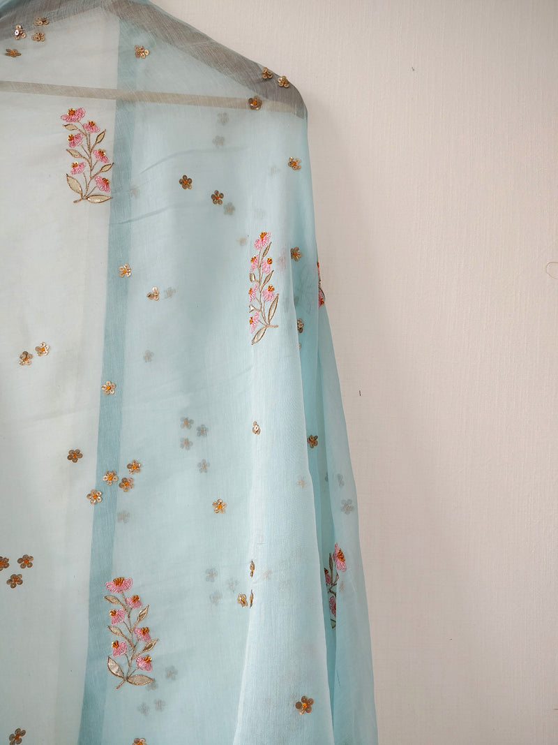 Turquoise Floral Hand Embroidered Gota Patti Festive Dupatta