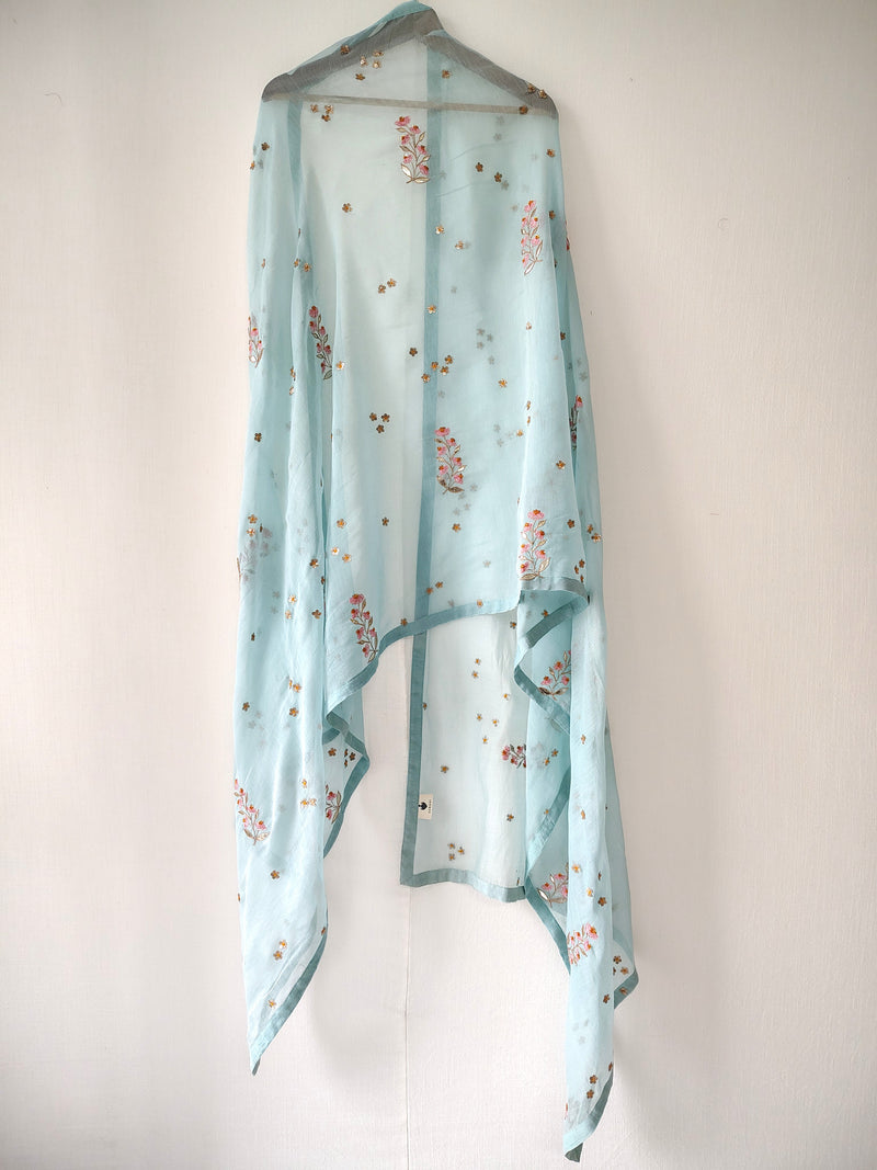 Turquoise Floral Hand Embroidered Gota Patti Festive Dupatta
