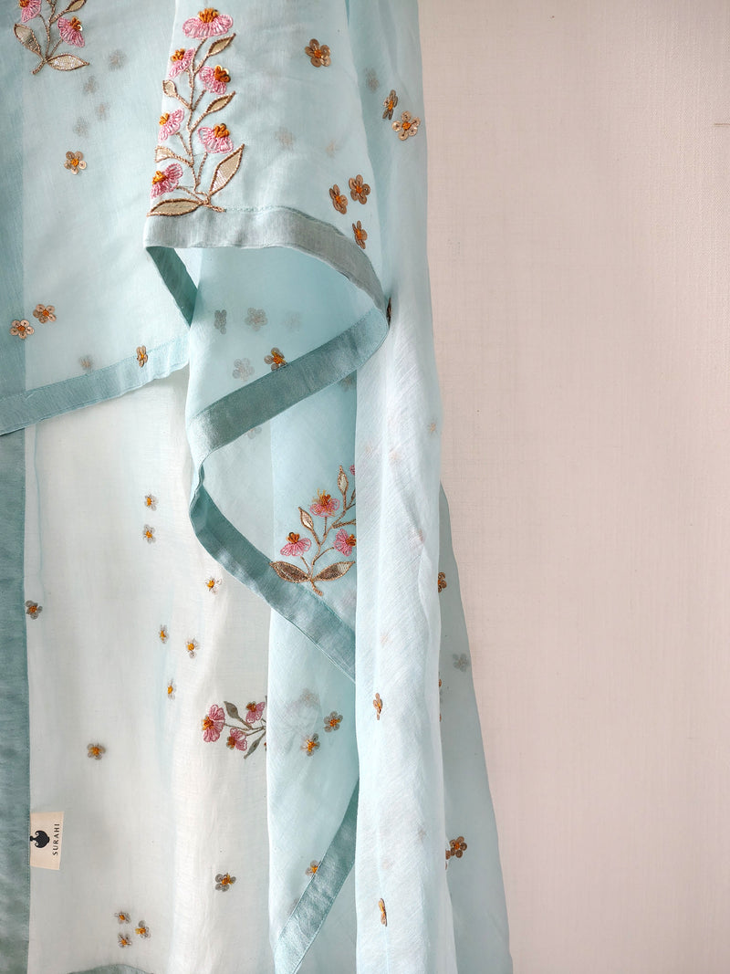 Turquoise Floral Hand Embroidered Gota Patti Festive Dupatta