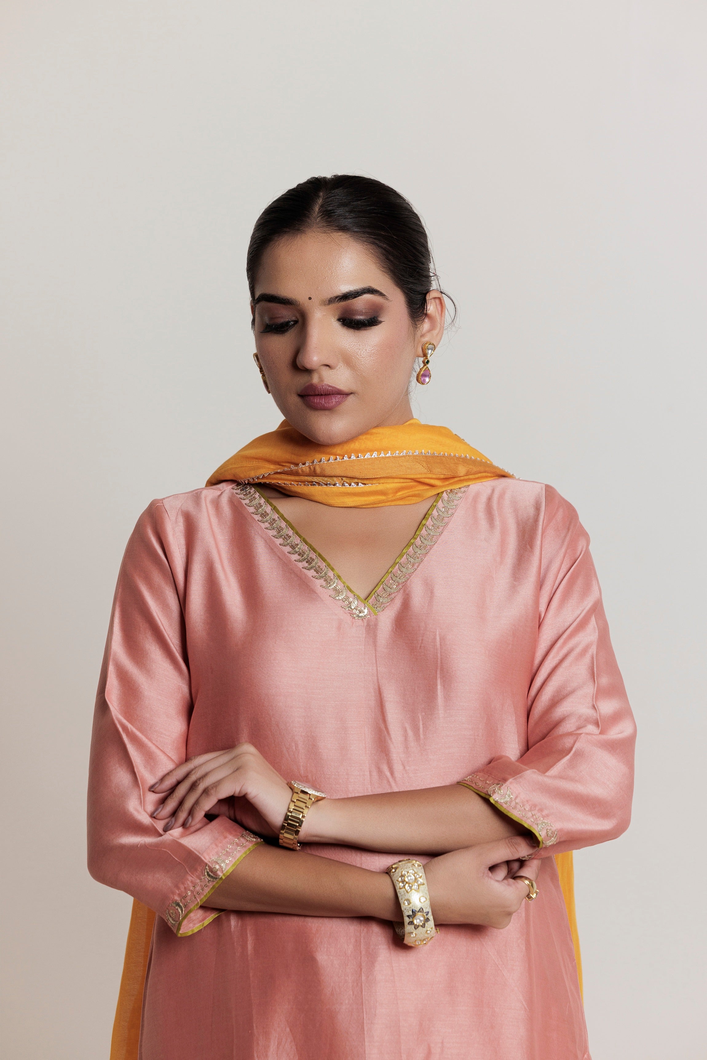 Peach Pink Embroidered Gota-Patti Chanderi Kurta Set