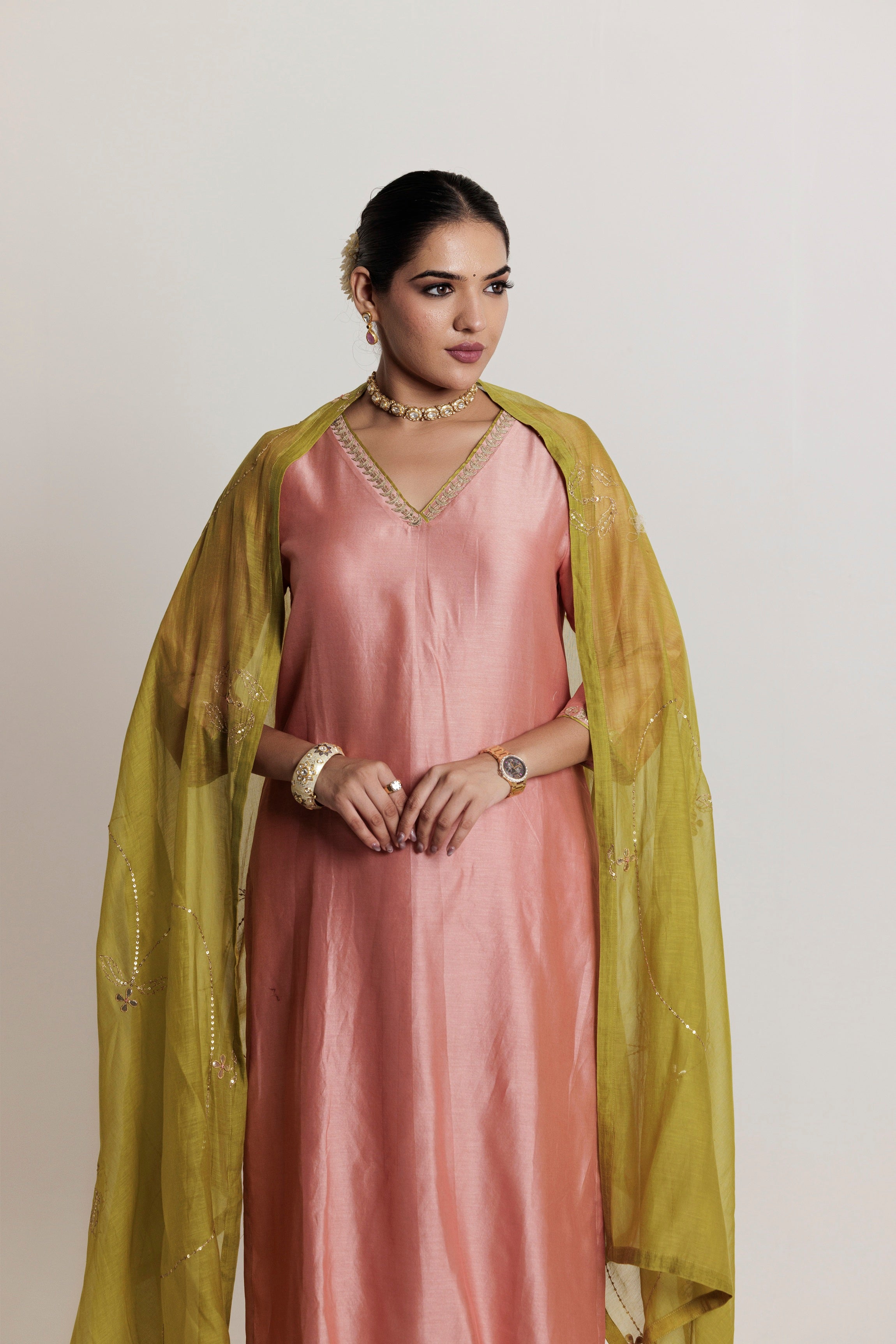 Peach Pink Embroidered Gota-Patti Chanderi Kurta Set