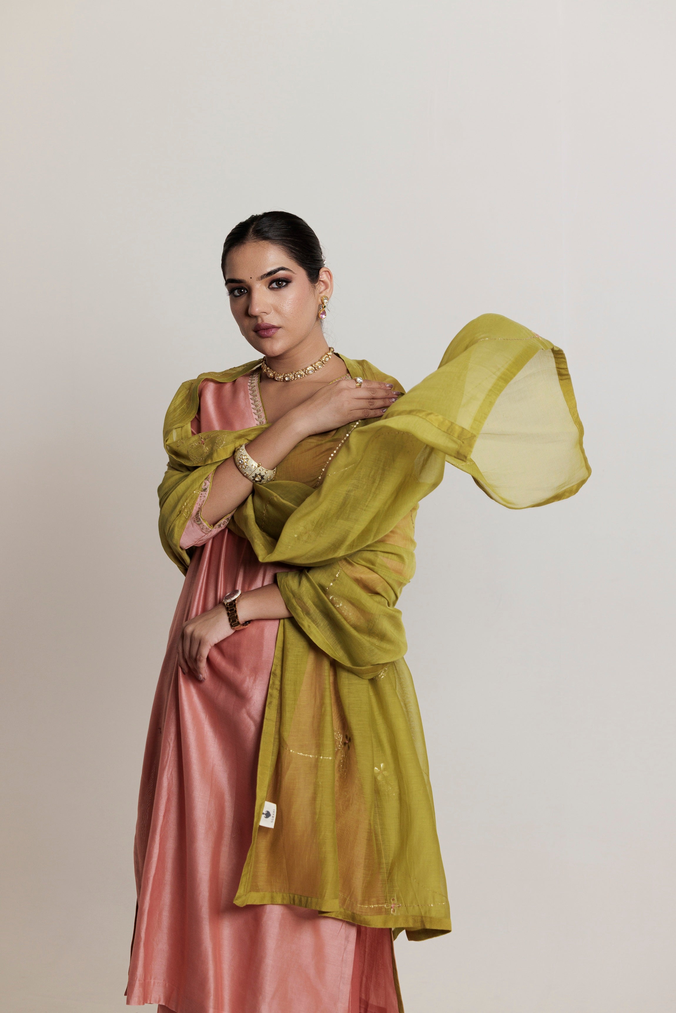 Peach Pink Embroidered Gota-Patti Chanderi Kurta Set