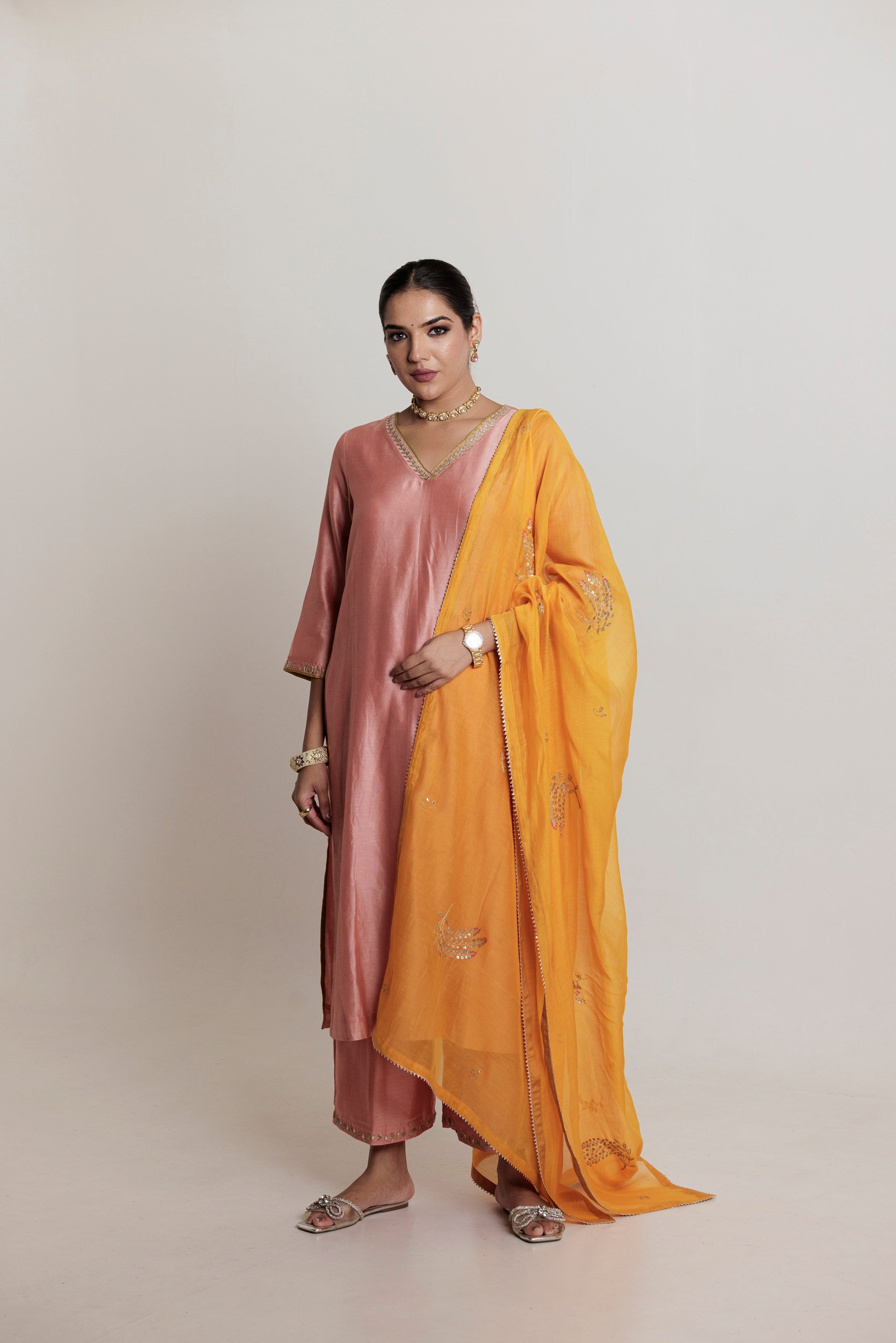 Peach Pink Embroidered Gota-Patti Chanderi Kurta Set