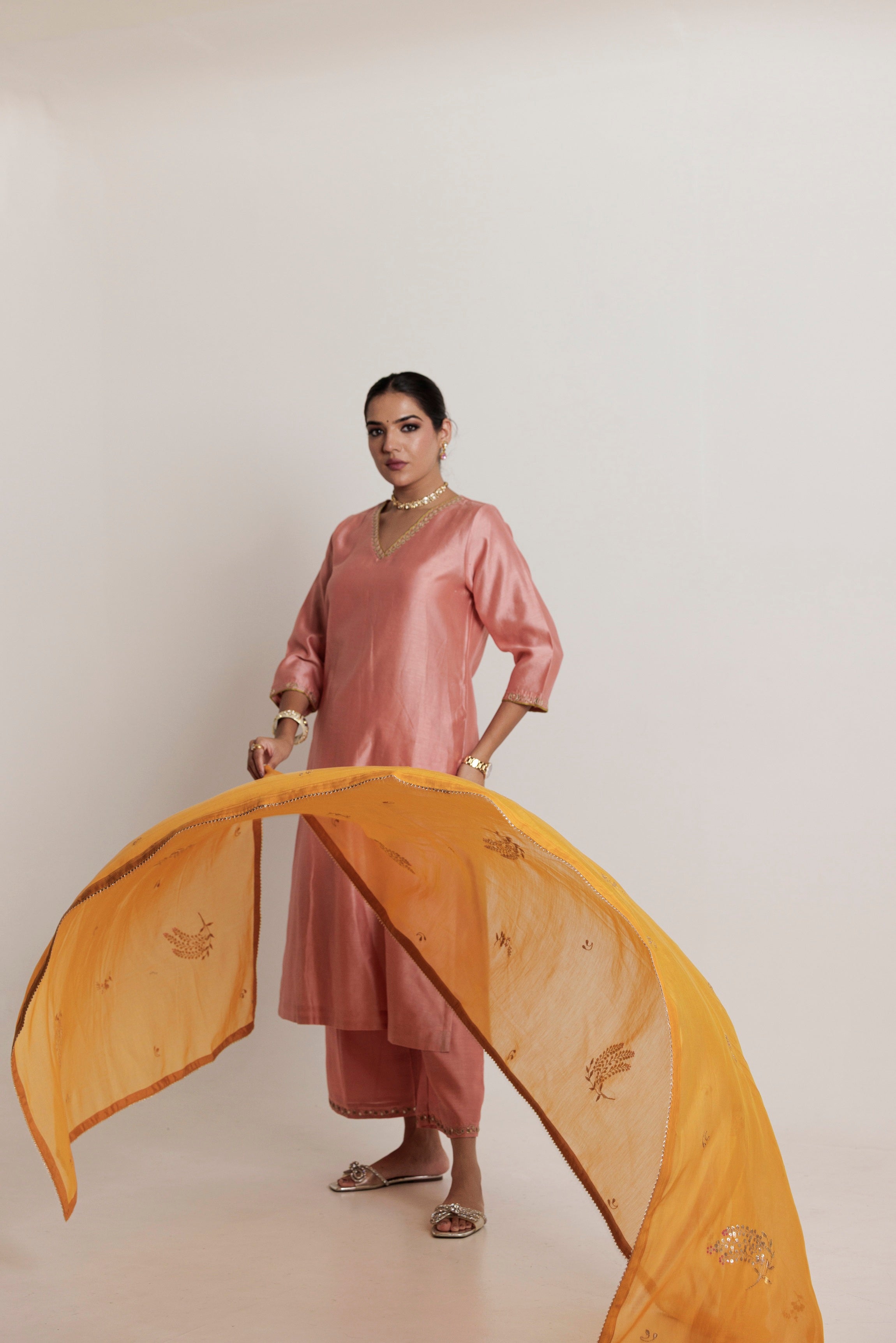 Peach Pink Embroidered Gota-Patti Chanderi Kurta Set