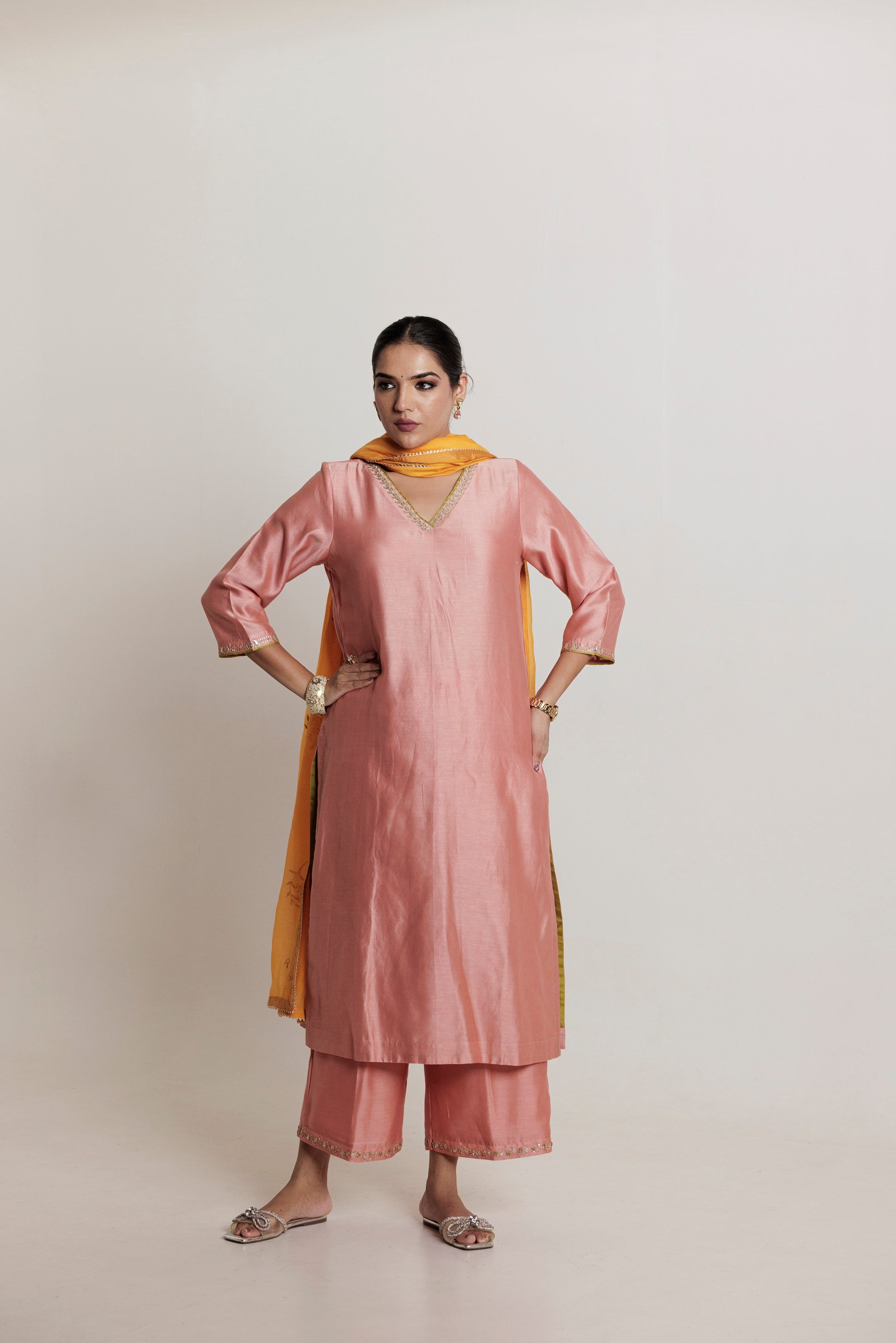 Peach Pink Embroidered Gota-Patti Chanderi Kurta Set