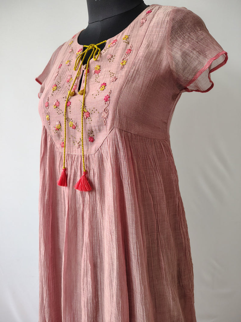 Dusty Rose Hand Embroidered Sheer Cotton Silk Dress