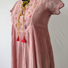 Dusty Rose Hand Embroidered Sheer Cotton Silk Dress