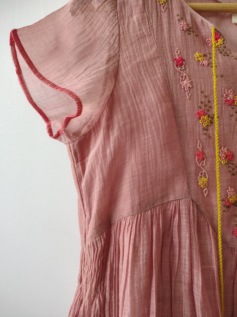 Dusty Rose Hand Embroidered Sheer Cotton Silk Dress