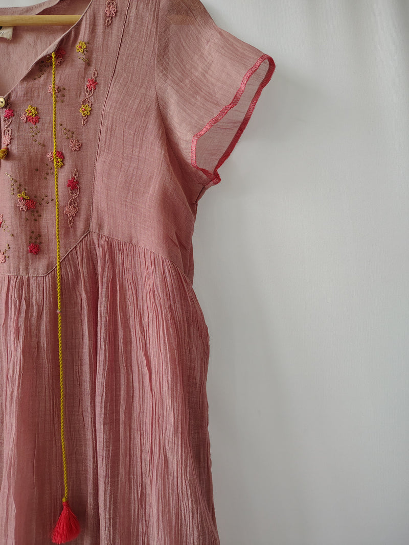 Dusty Rose Hand Embroidered Sheer Cotton Silk Dress