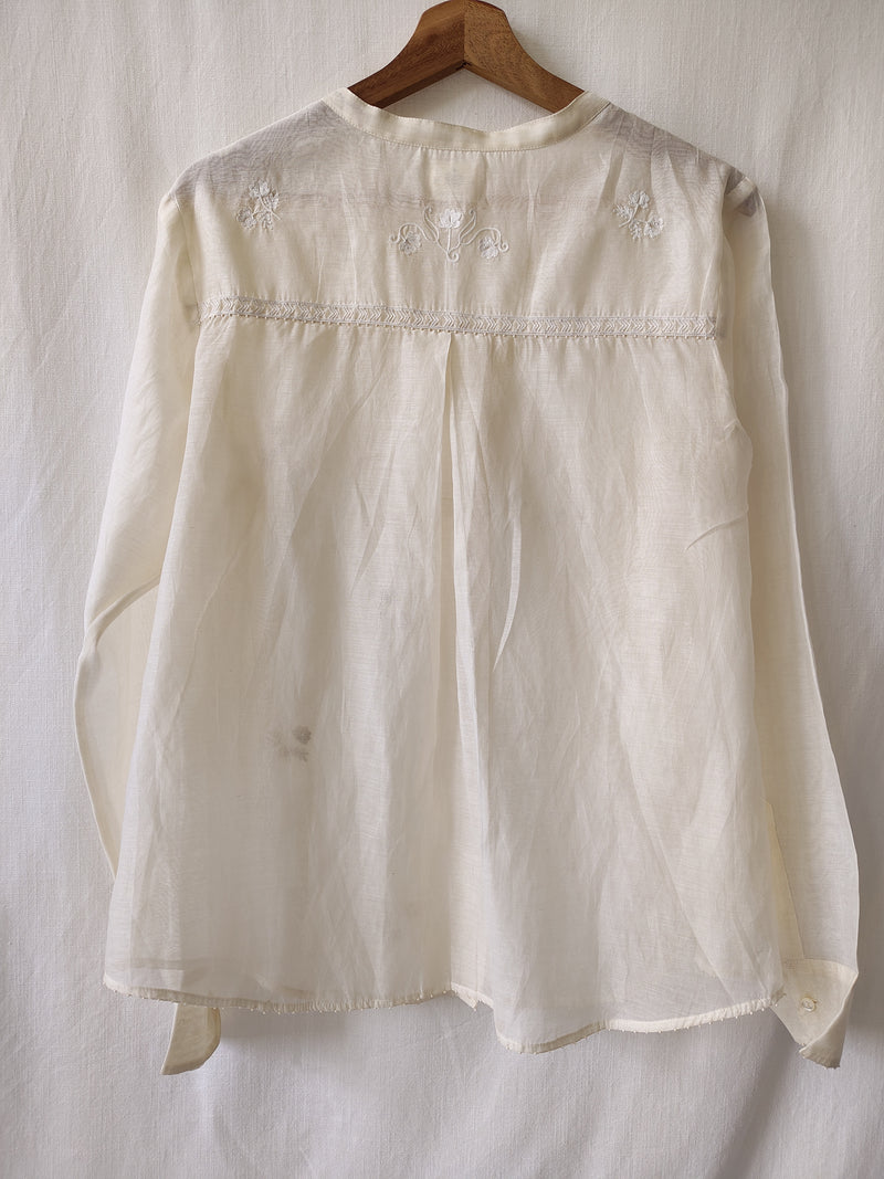 Natural White Hand Embroidered Floral Sheer Shirt