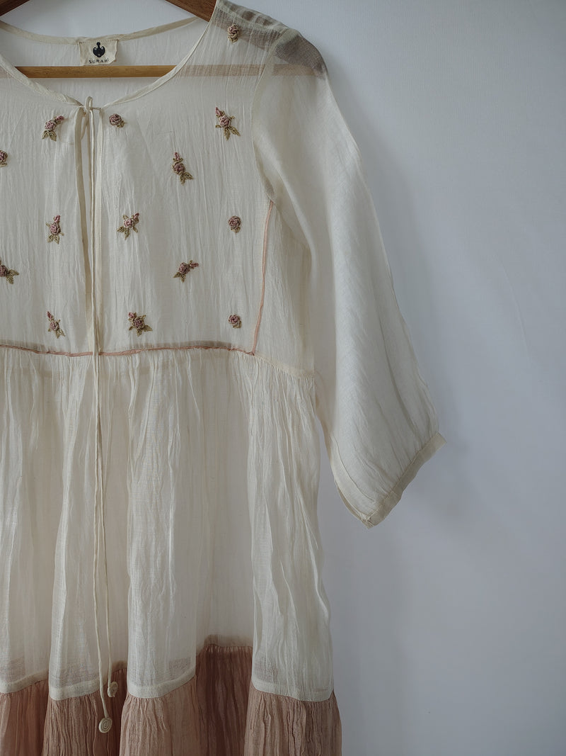 Ivory Hand Embroidered Sheer Cotton Silk Dress