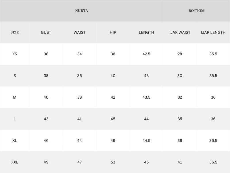 Garment Size Chart - Inches