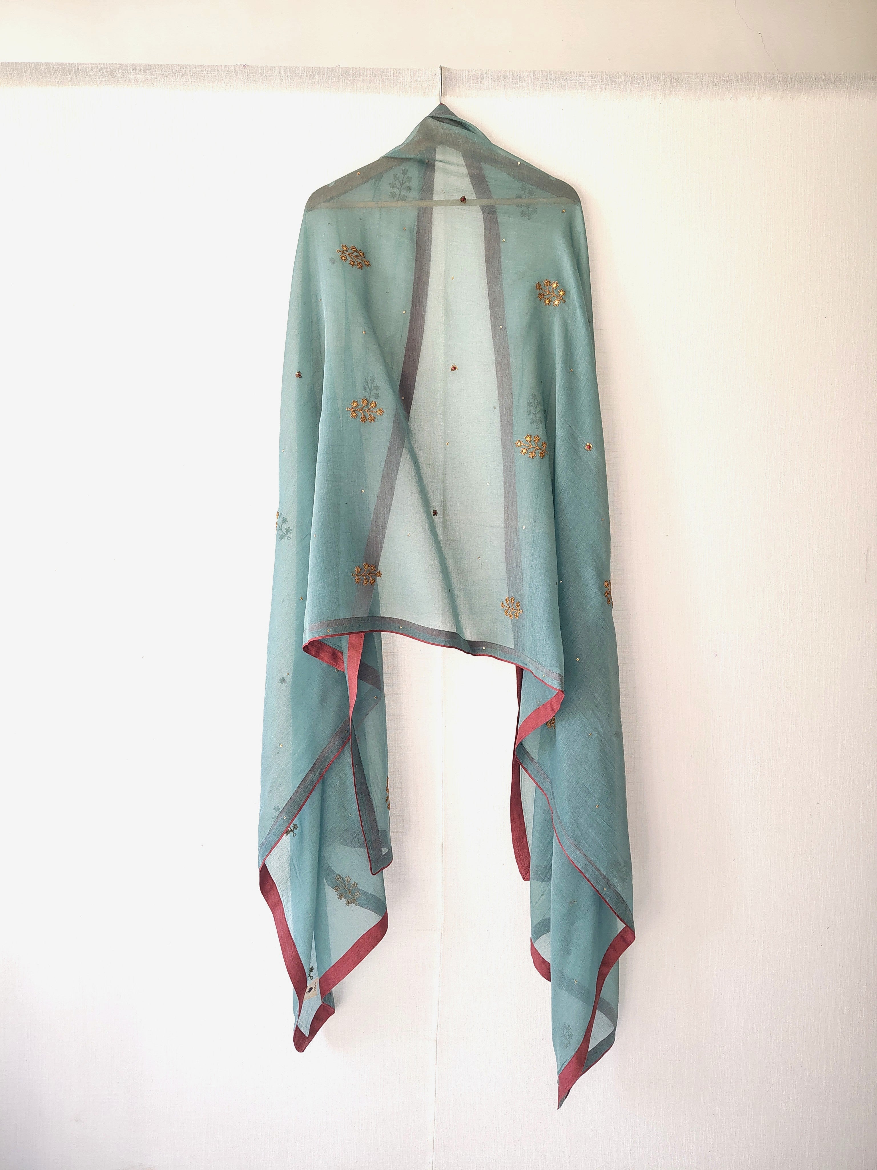 Festive Blue Gold Hand Embroidered Cotton Silk Dupatta