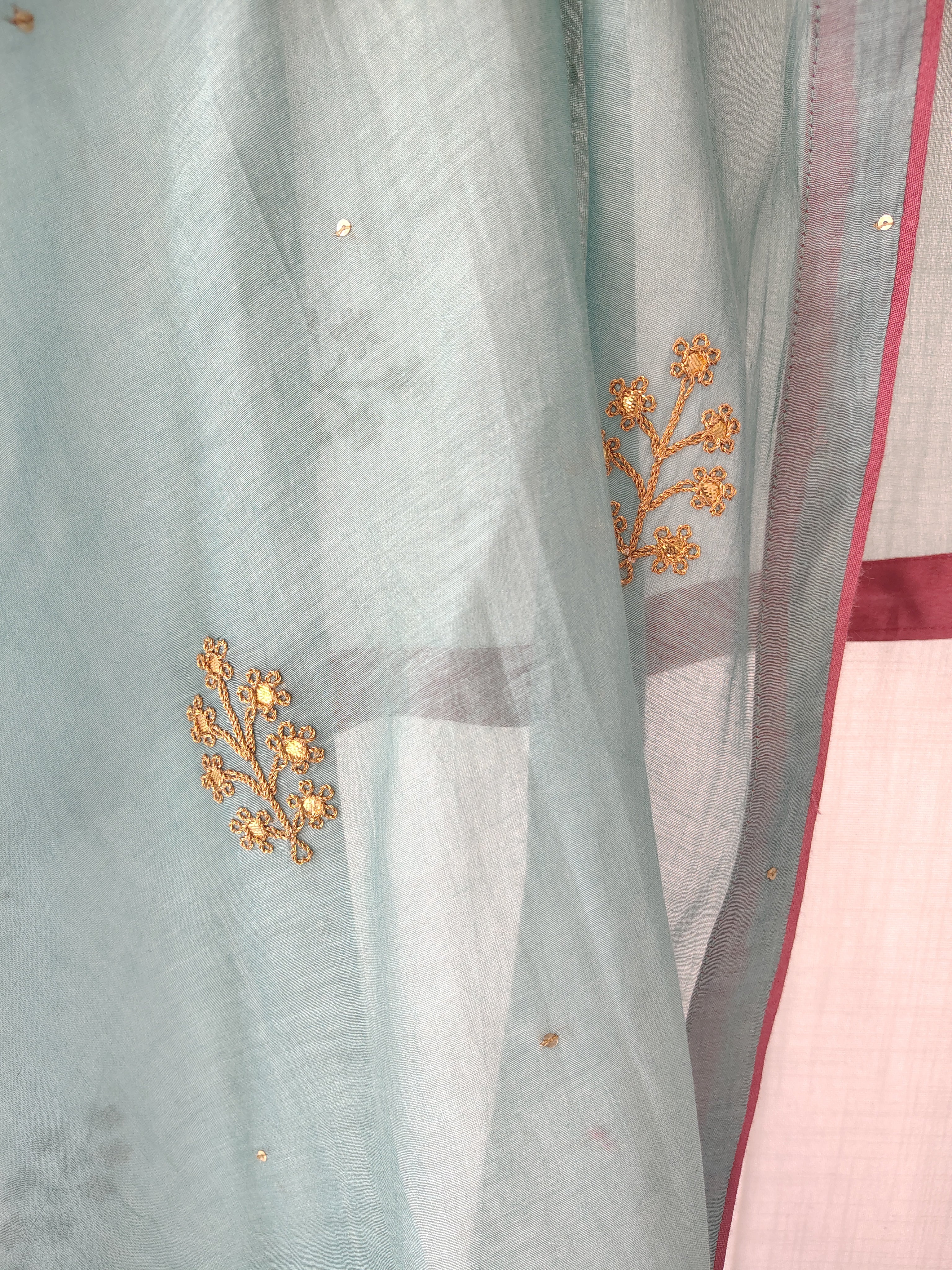 Festive Blue Gold Hand Embroidered Cotton Silk Dupatta