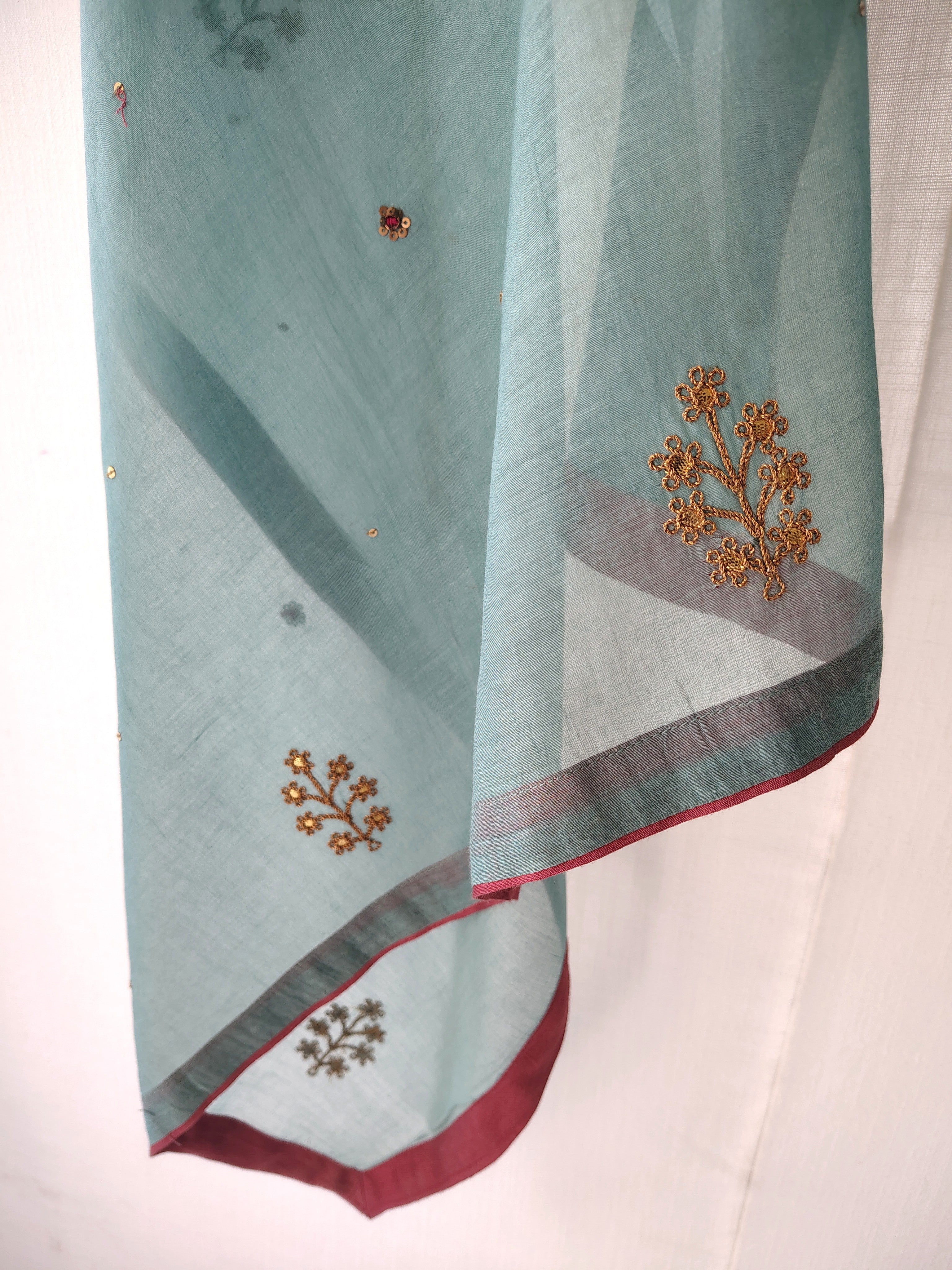 Festive Blue Gold Hand Embroidered Cotton Silk Dupatta