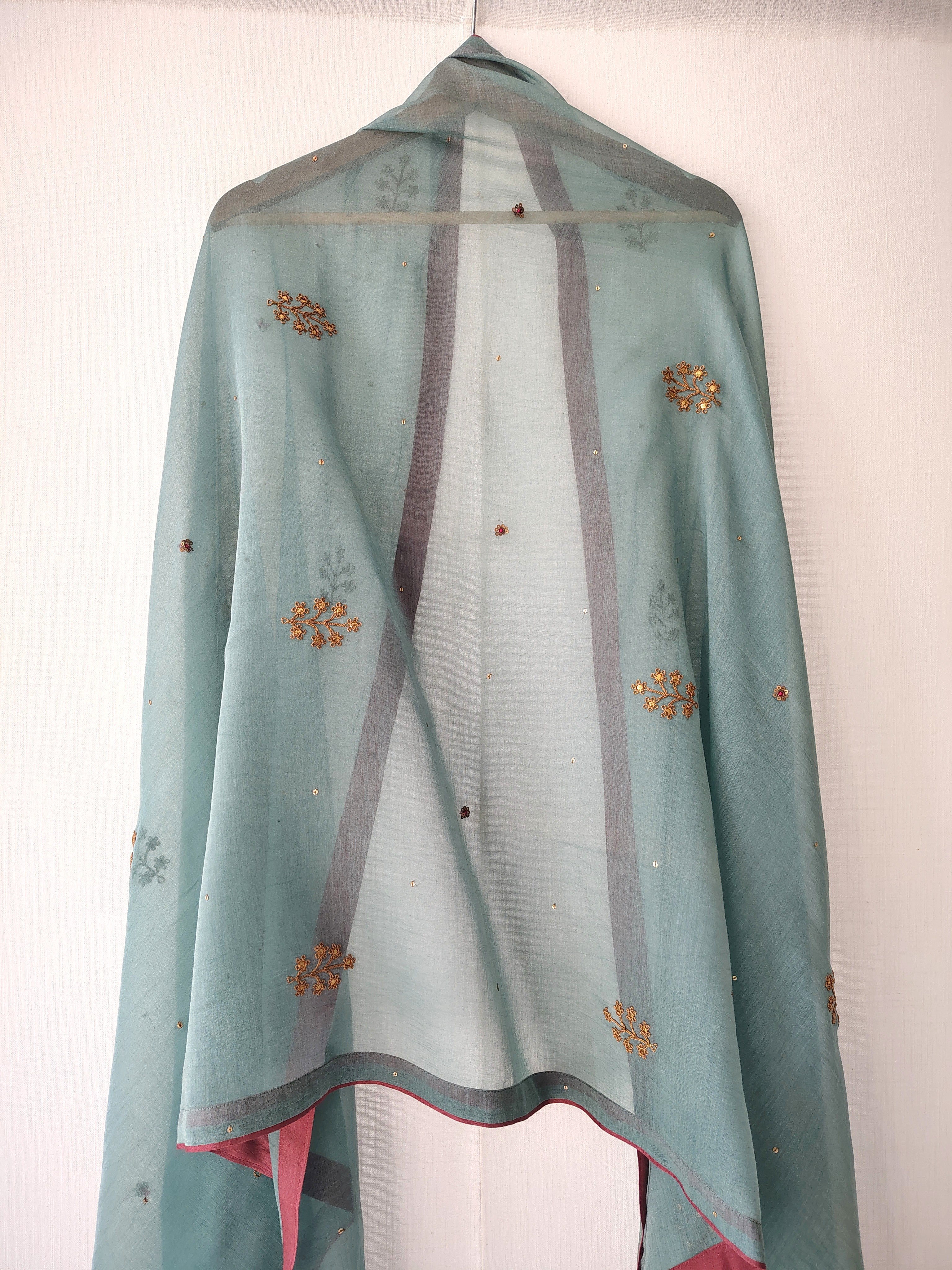 Festive Blue Gold Hand Embroidered Cotton Silk Dupatta