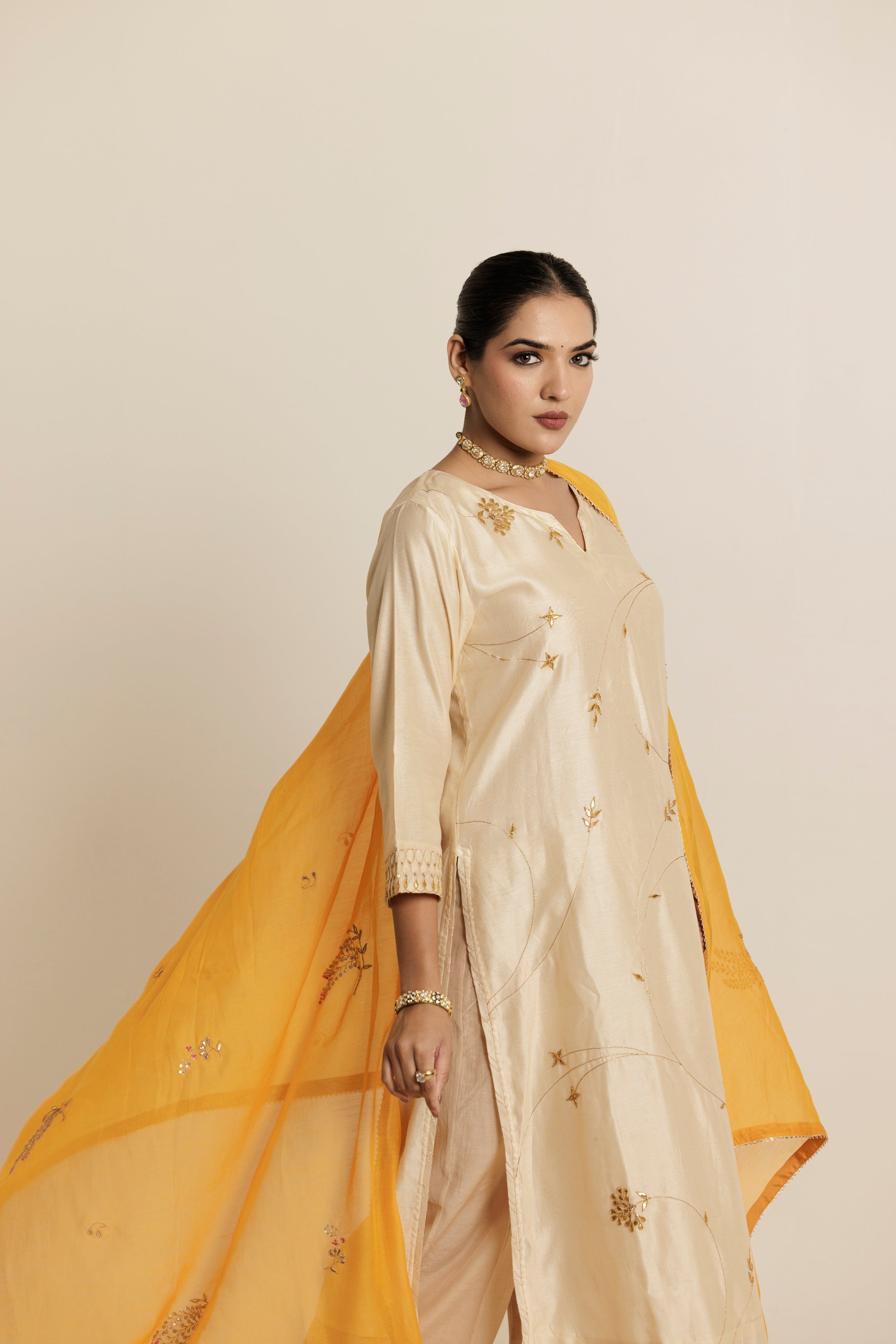 Ivory Gold Gota Patti Embroidered Chanderi Kurta Set