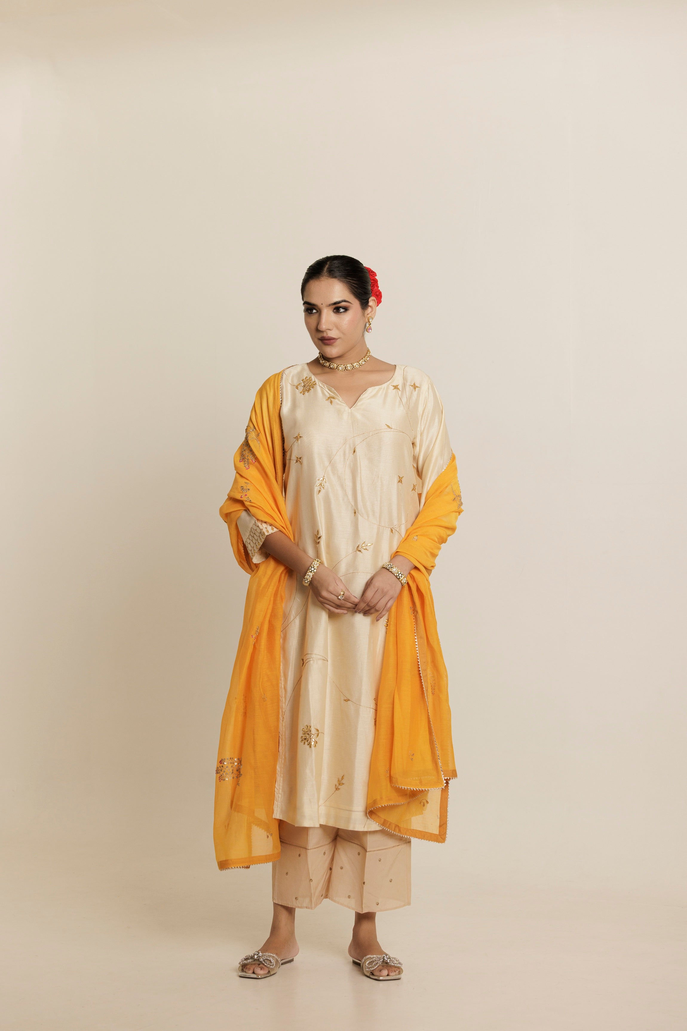 Ivory Gold Gota Patti Embroidered Chanderi Kurta Set