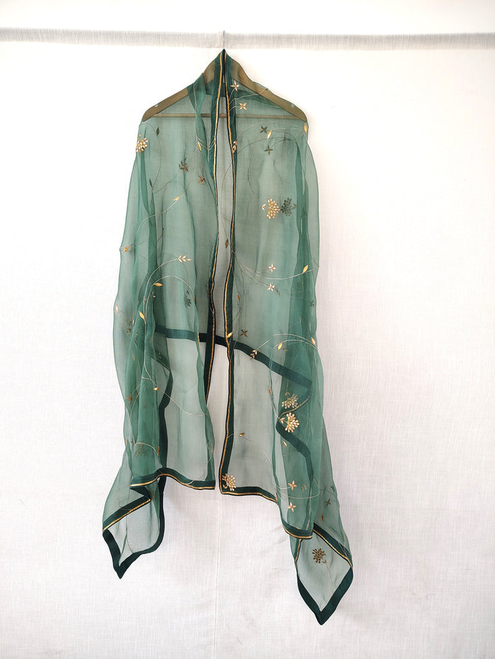 Green-Gold Hand Embroidered Organza Dupatta