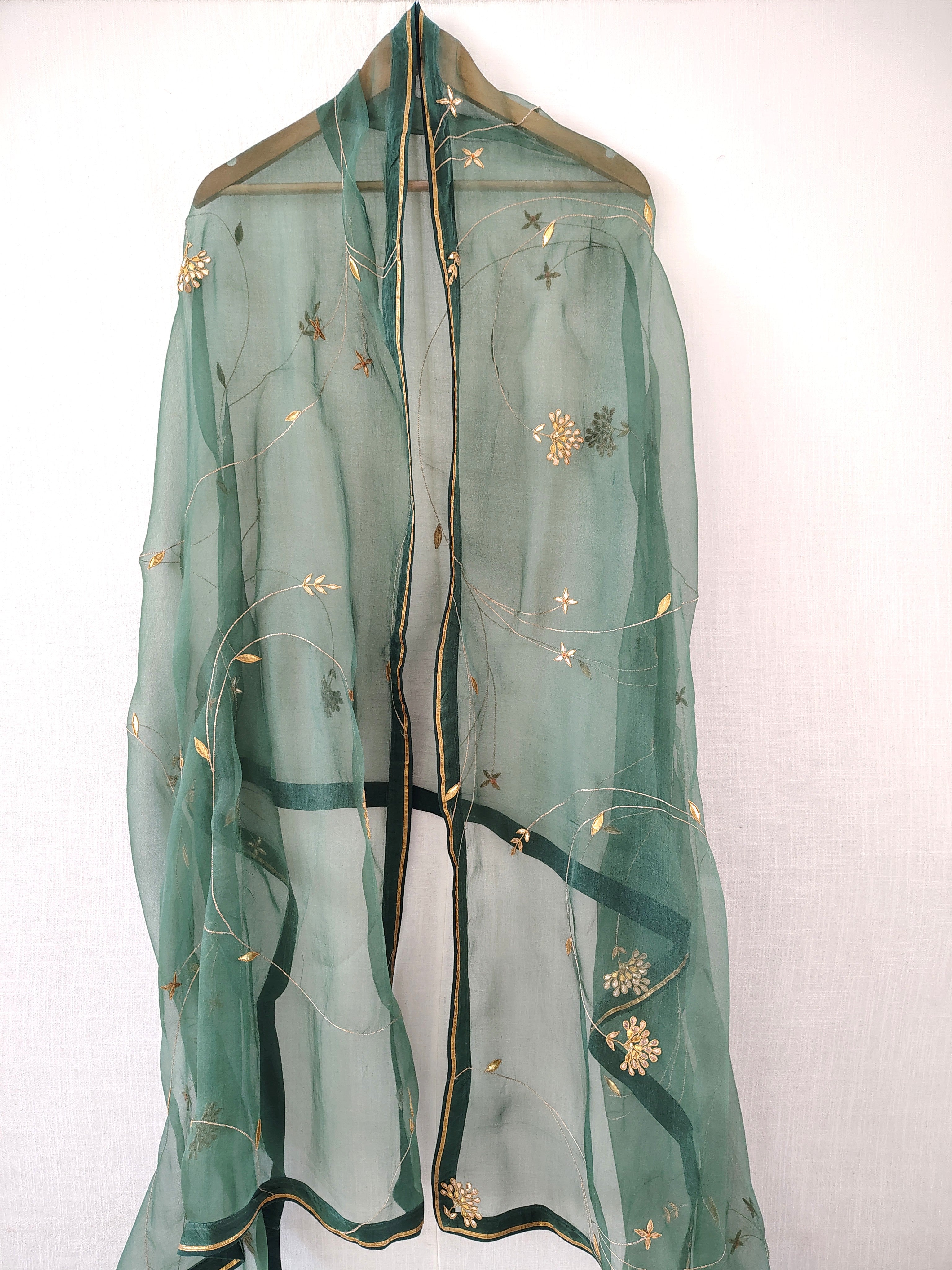 Green-Gold Hand Embroidered Organza Dupatta