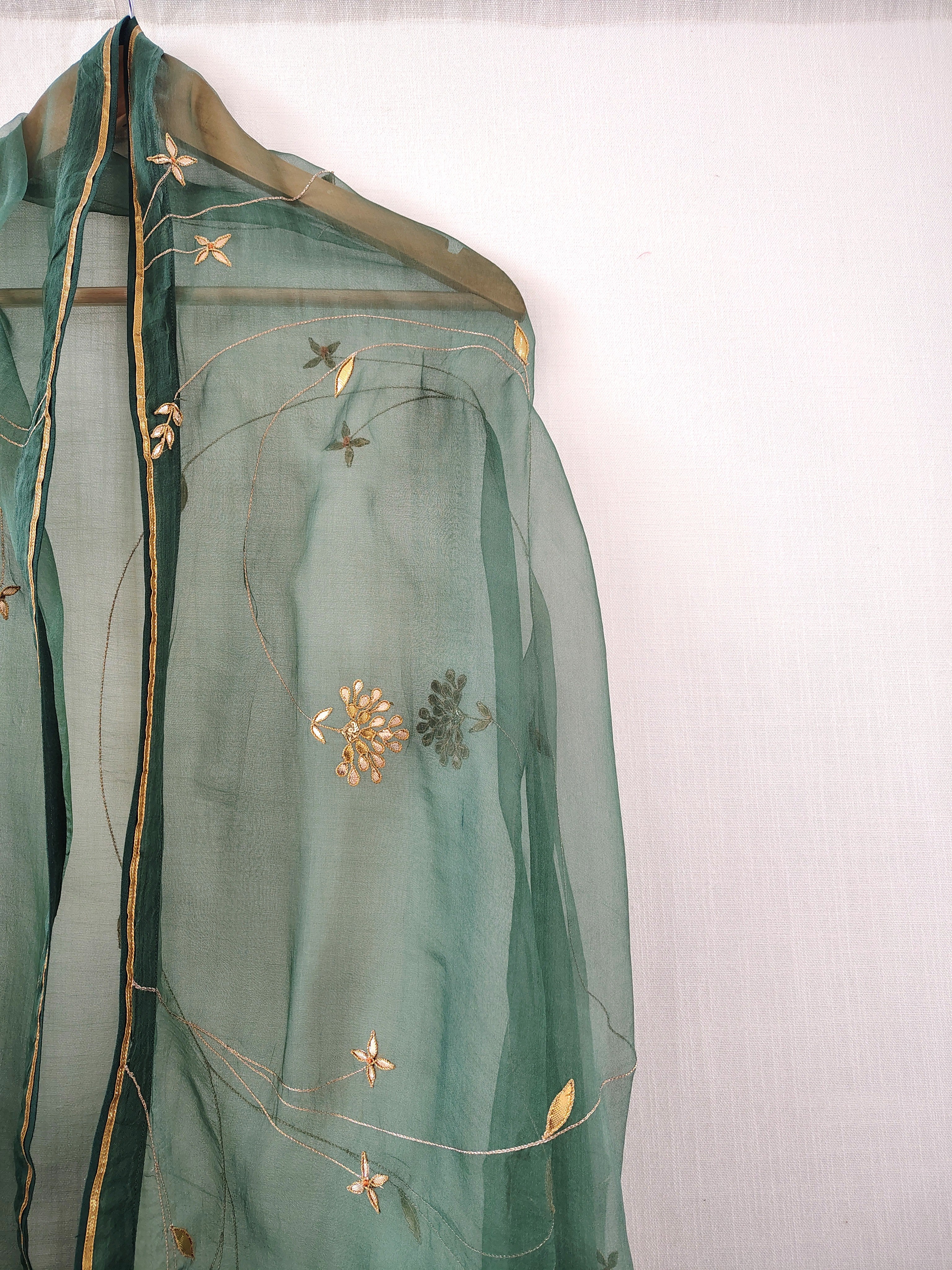 Green-Gold Hand Embroidered Organza Dupatta