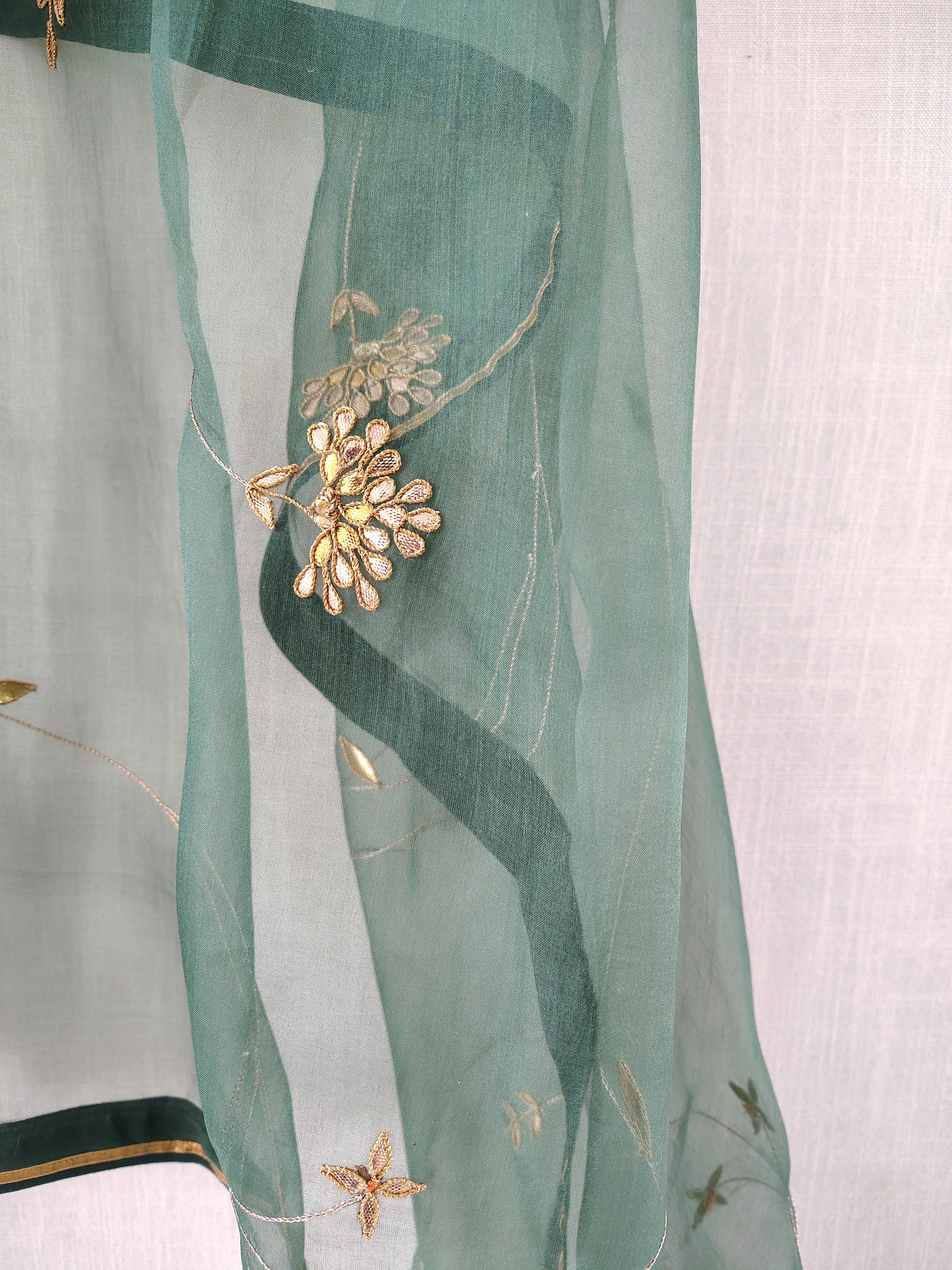 Green-Gold Hand Embroidered Organza Dupatta