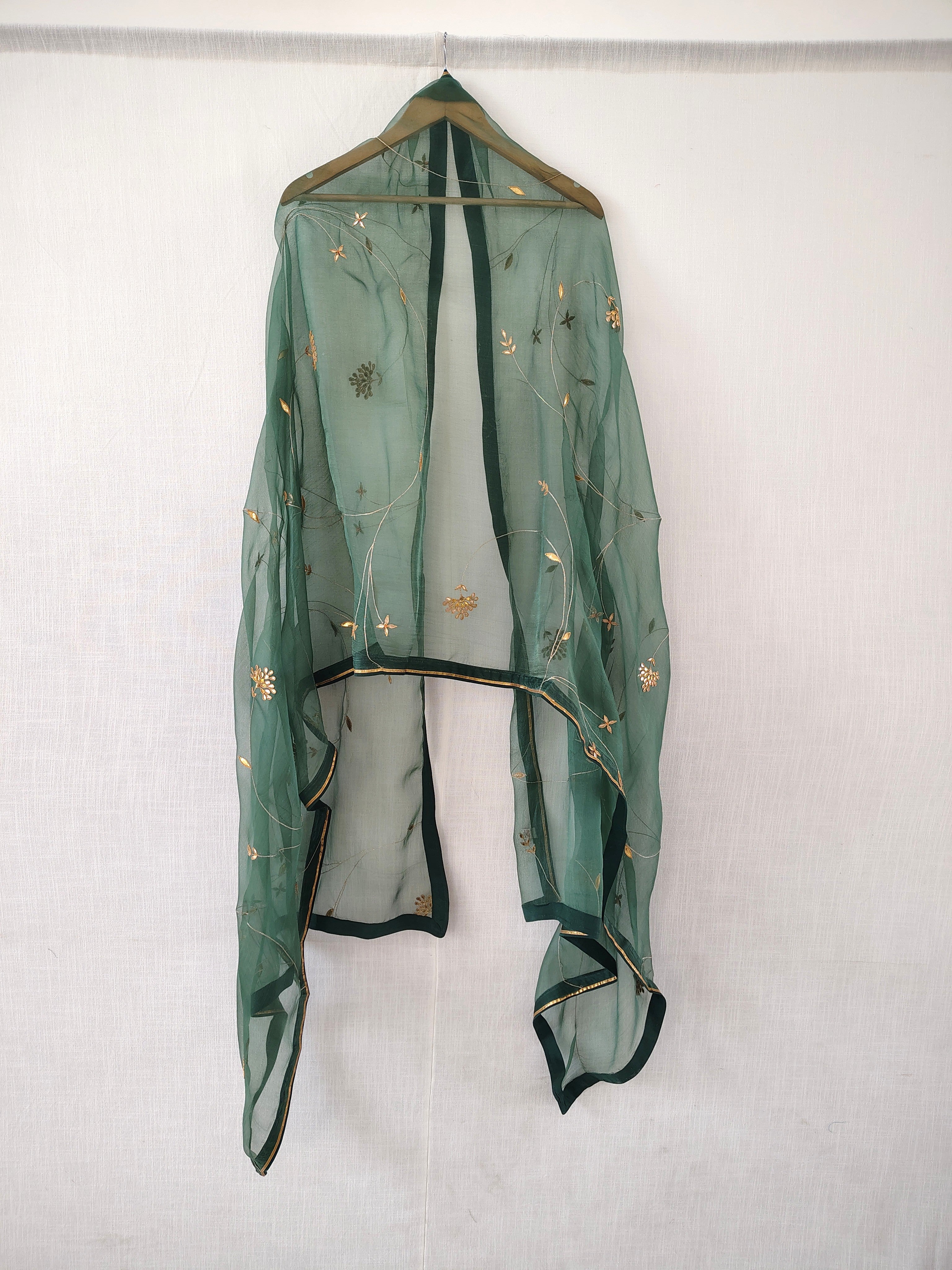 Green-Gold Hand Embroidered Organza Dupatta