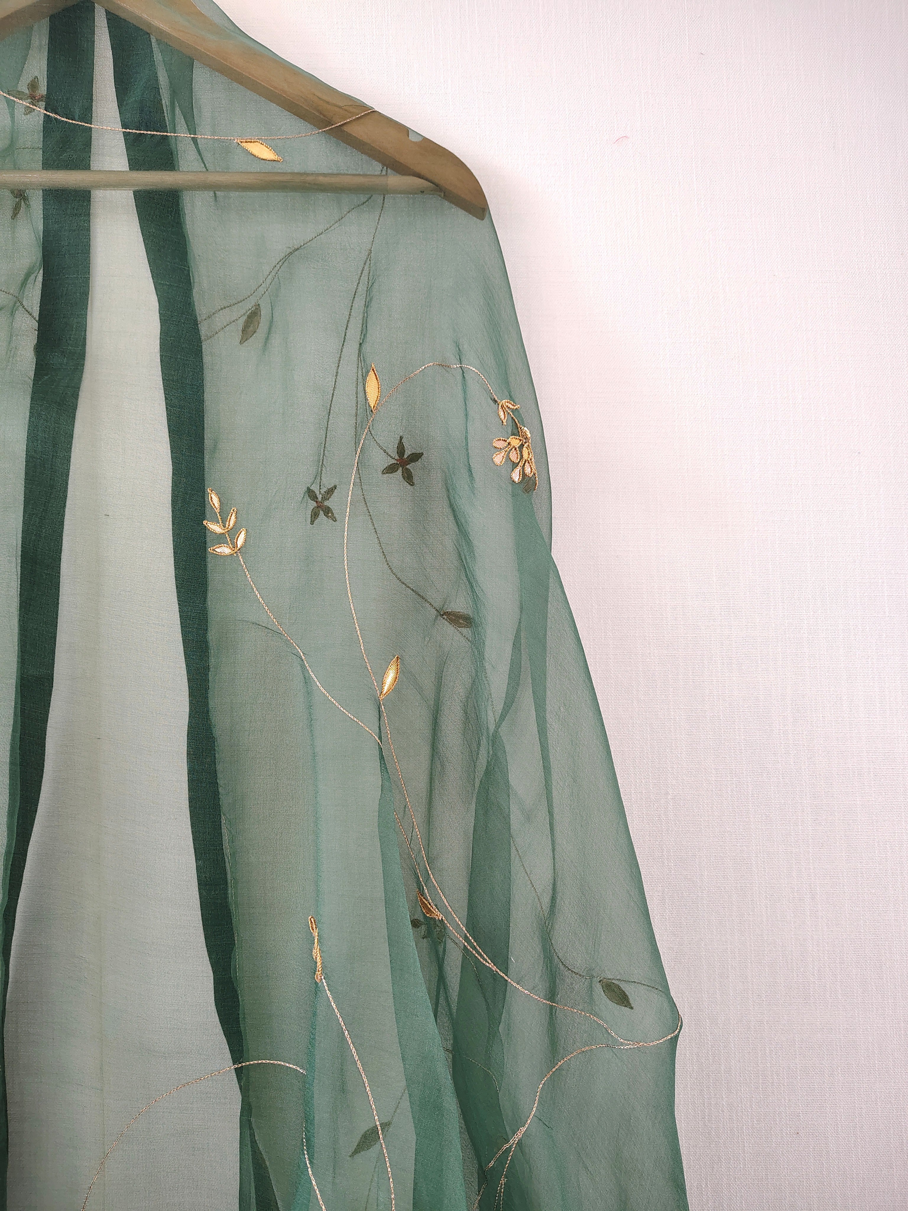 Green-Gold Hand Embroidered Organza Dupatta