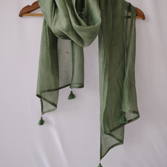 Green Cotton Silk Embroidered Stole for Women