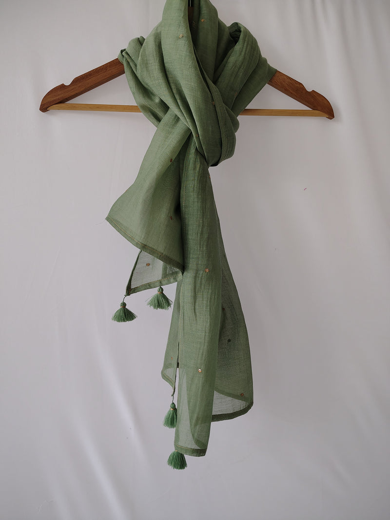 Green Cotton Silk Embroidered Stole for Women
