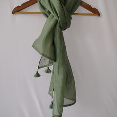 Green Cotton Silk Embroidered Stole for Women