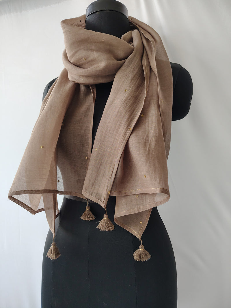 Grey Cotton Silk Embroidered Stole for Women