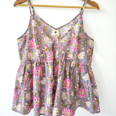 Grey Tropical Sleeveless Cotton Strappy Tank Top