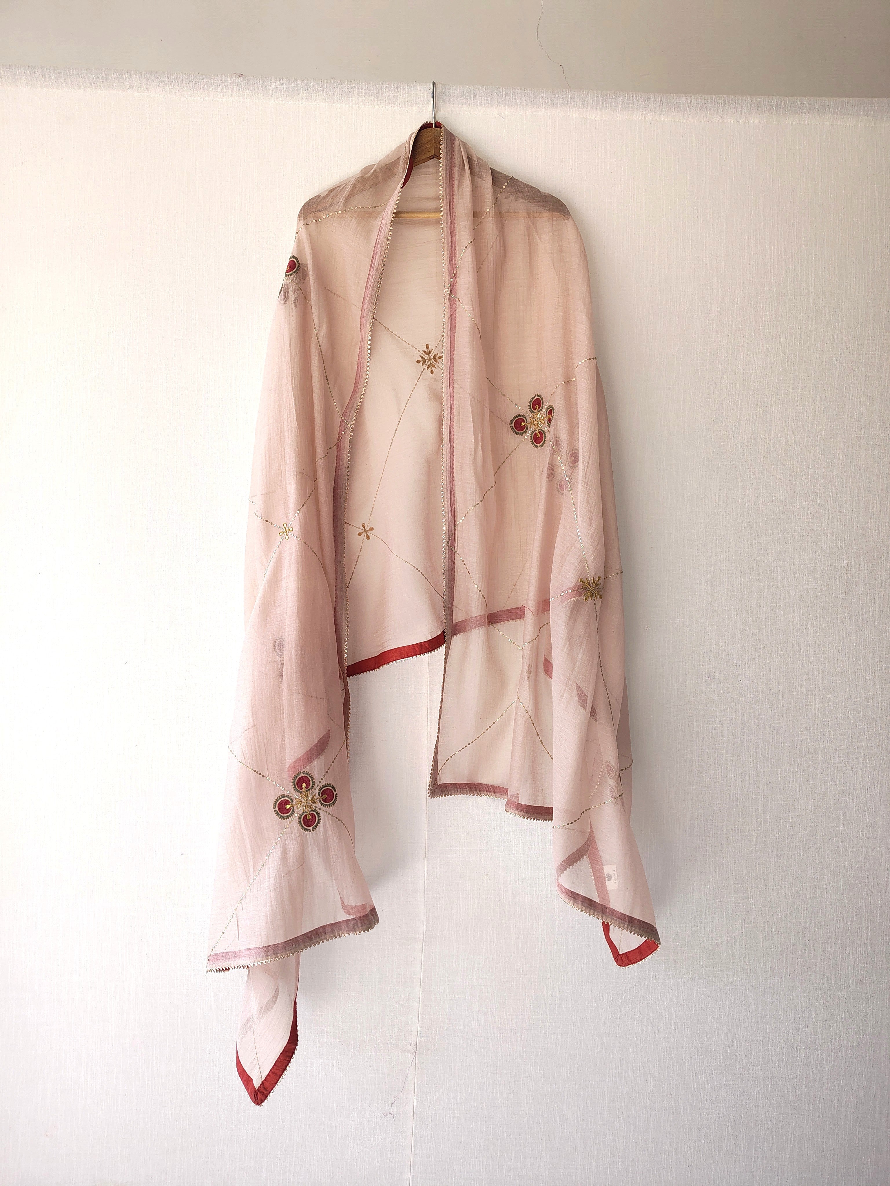 Dusky Pink Floral Hand Embroidered Gota-Patti Chanderi Dupatta