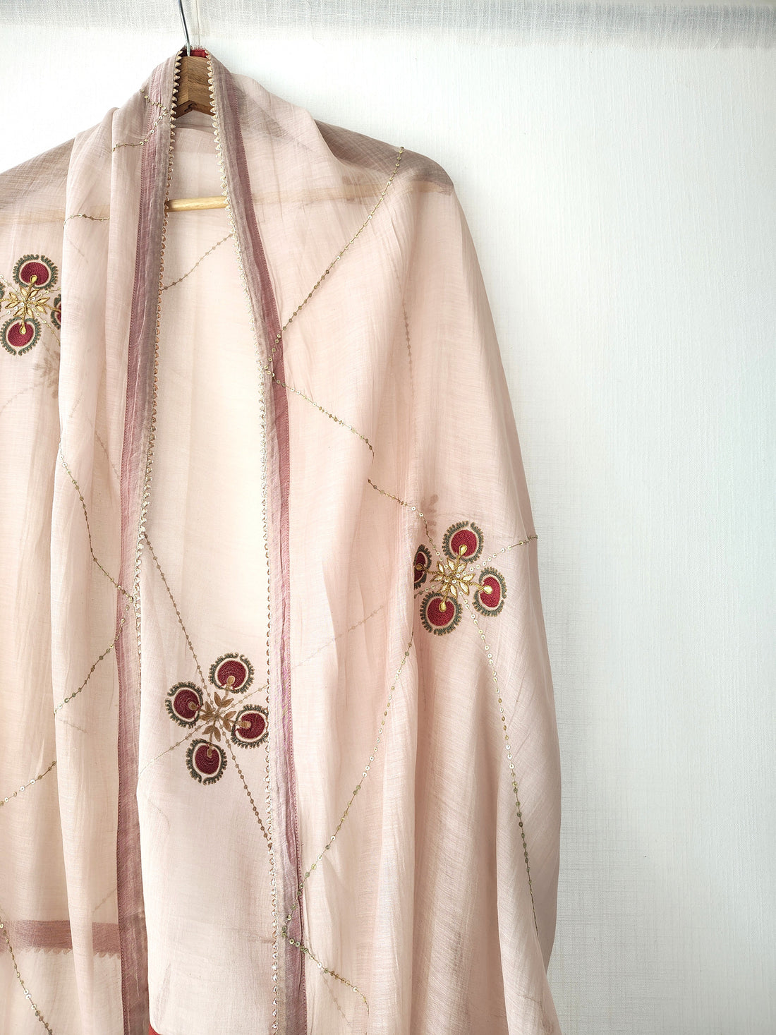 Dusky Pink Floral Hand Embroidered Gota-Patti Chanderi Dupatta