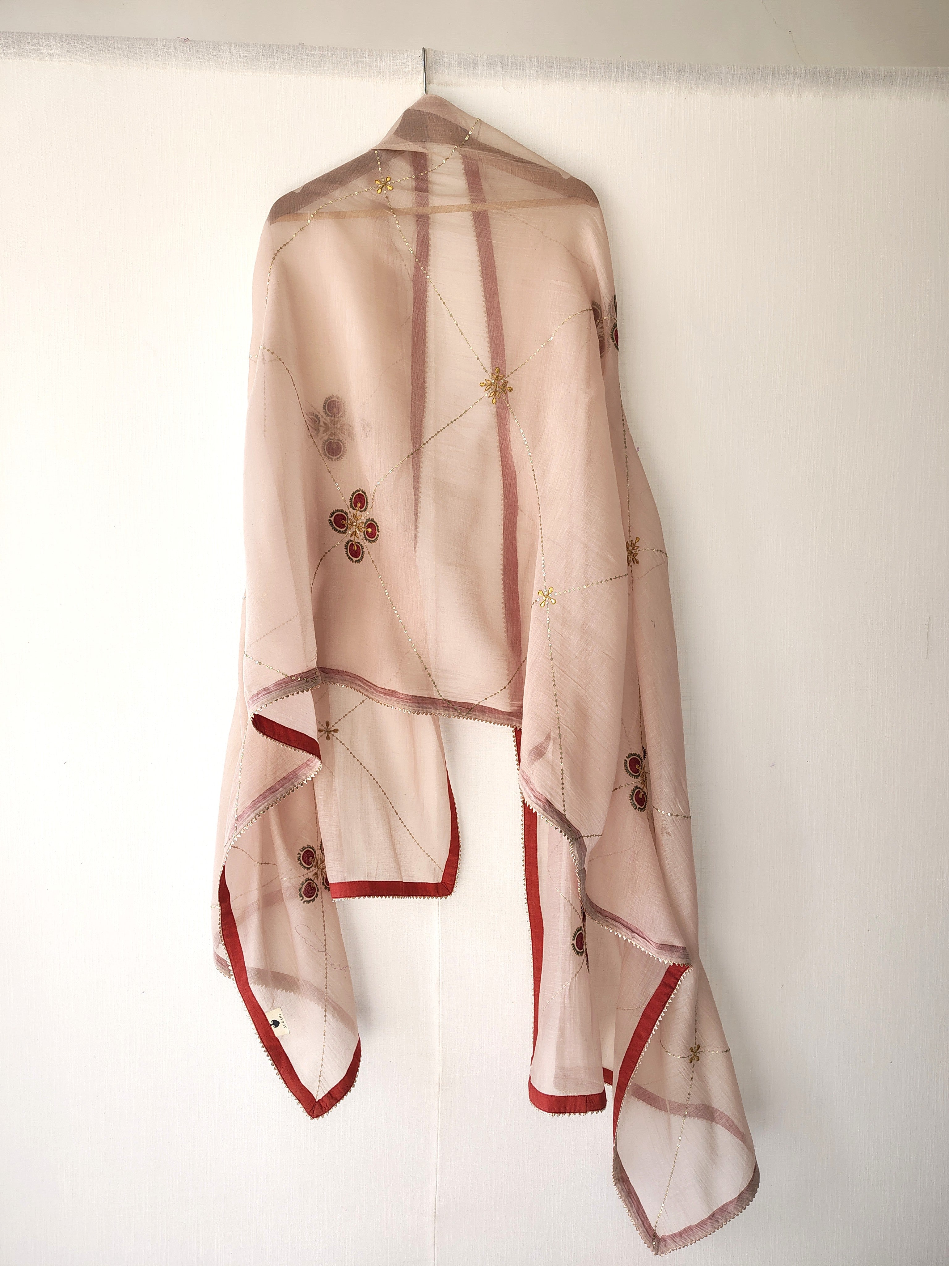 Dusky Pink Floral Hand Embroidered Gota-Patti Chanderi Dupatta