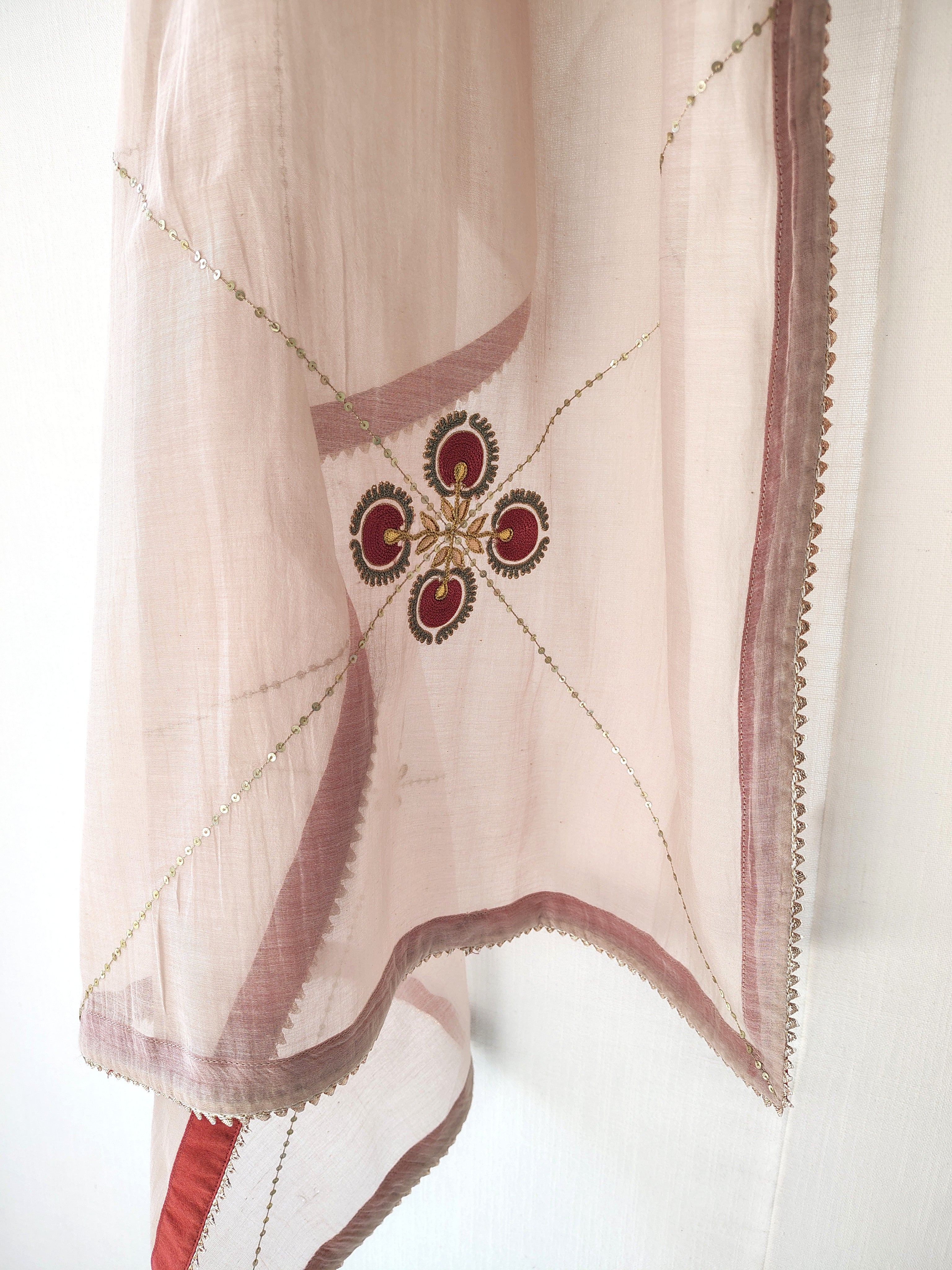 Dusky Pink Floral Hand Embroidered Gota-Patti Chanderi Dupatta