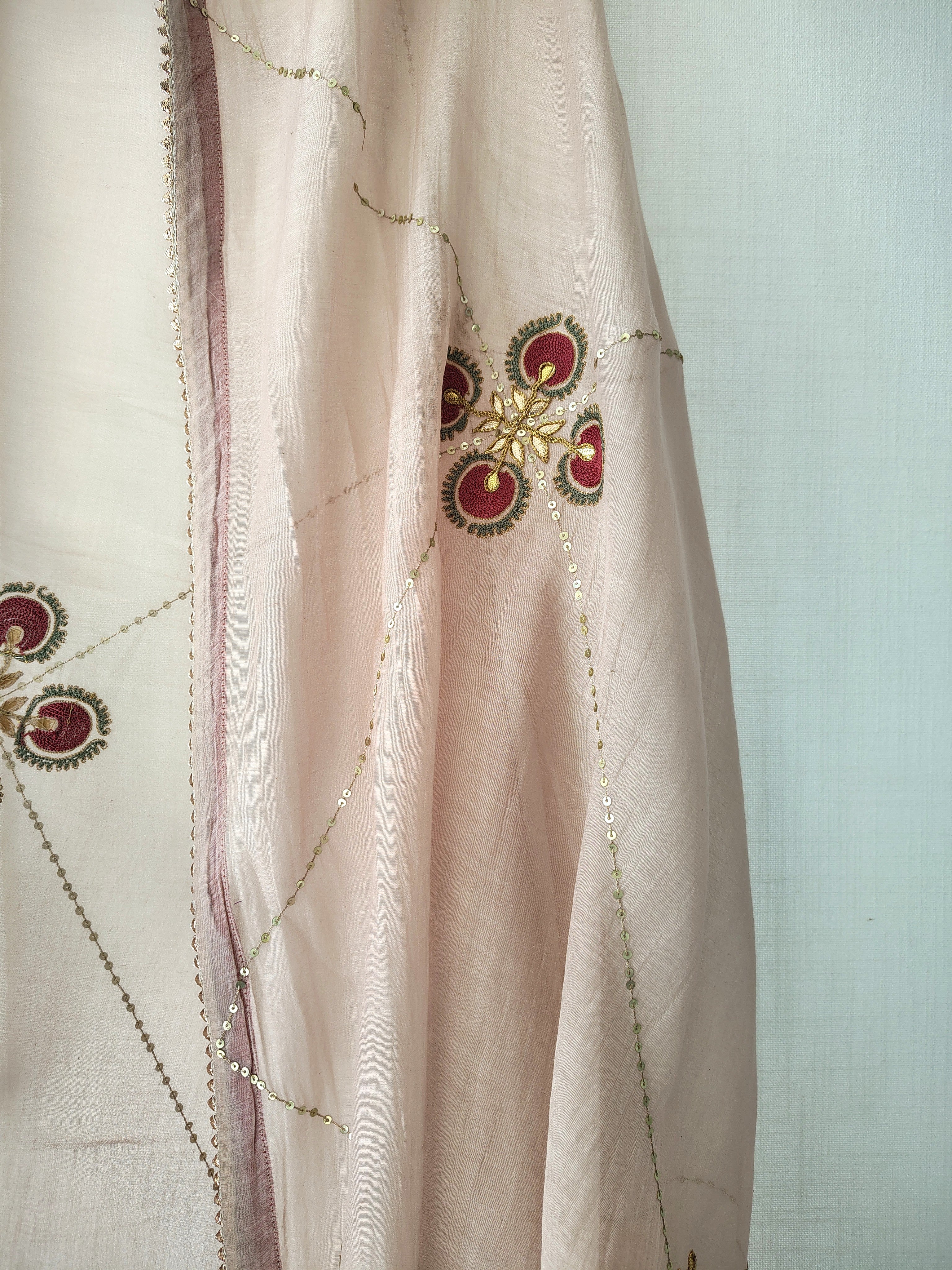 Dusky Pink Floral Hand Embroidered Gota-Patti Chanderi Dupatta