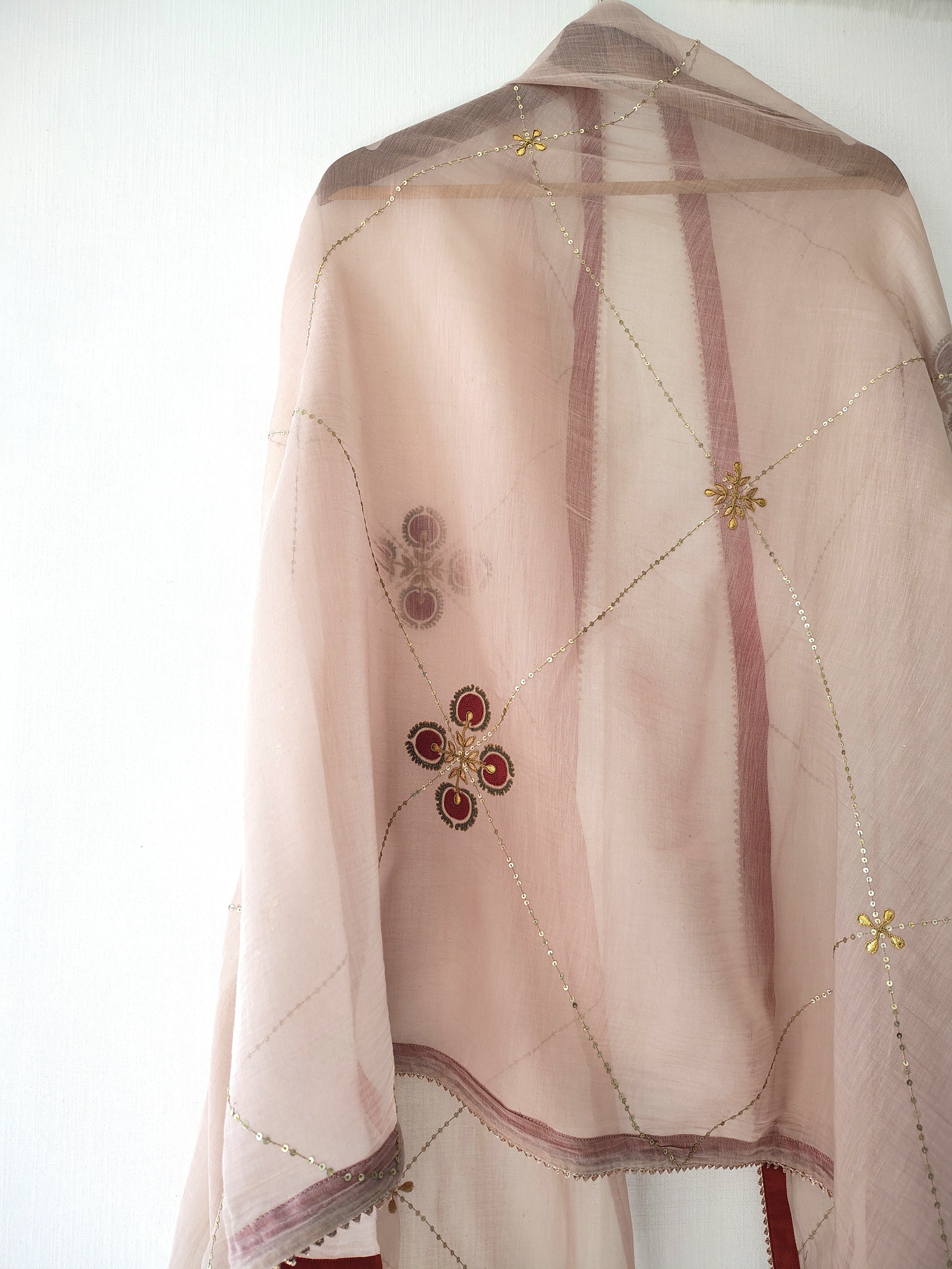 Dusky Pink Floral Hand Embroidered Gota-Patti Chanderi Dupatta