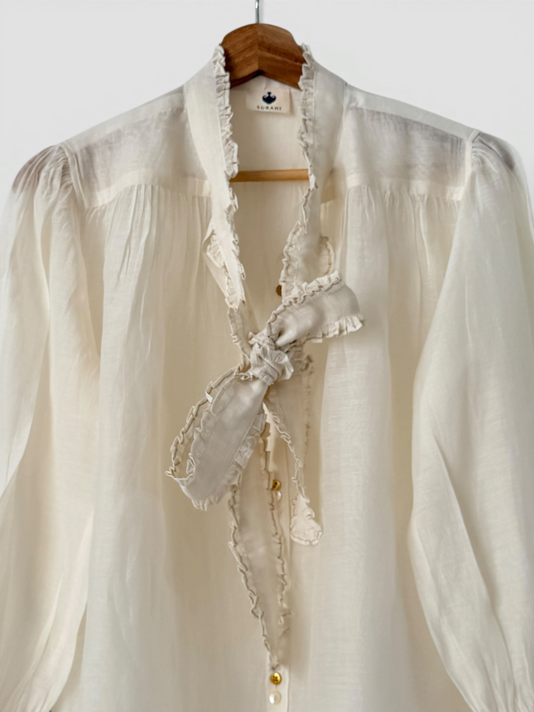 Victorian Frill Shirt with a Tie - Ivory Cotton Silk Sheer Blouse