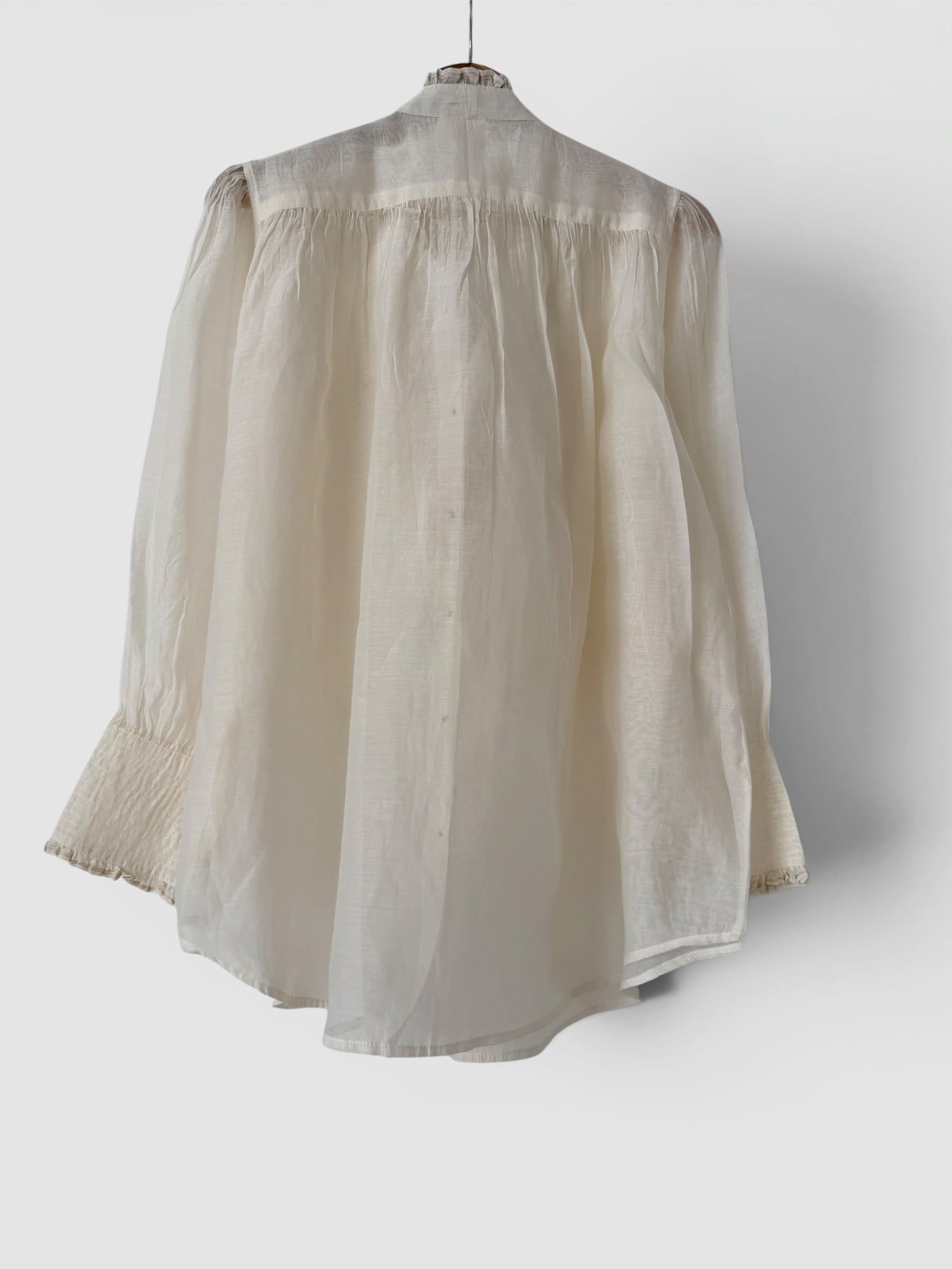 Victorian Frill Shirt with a Tie - Ivory Cotton Silk Sheer Blouse