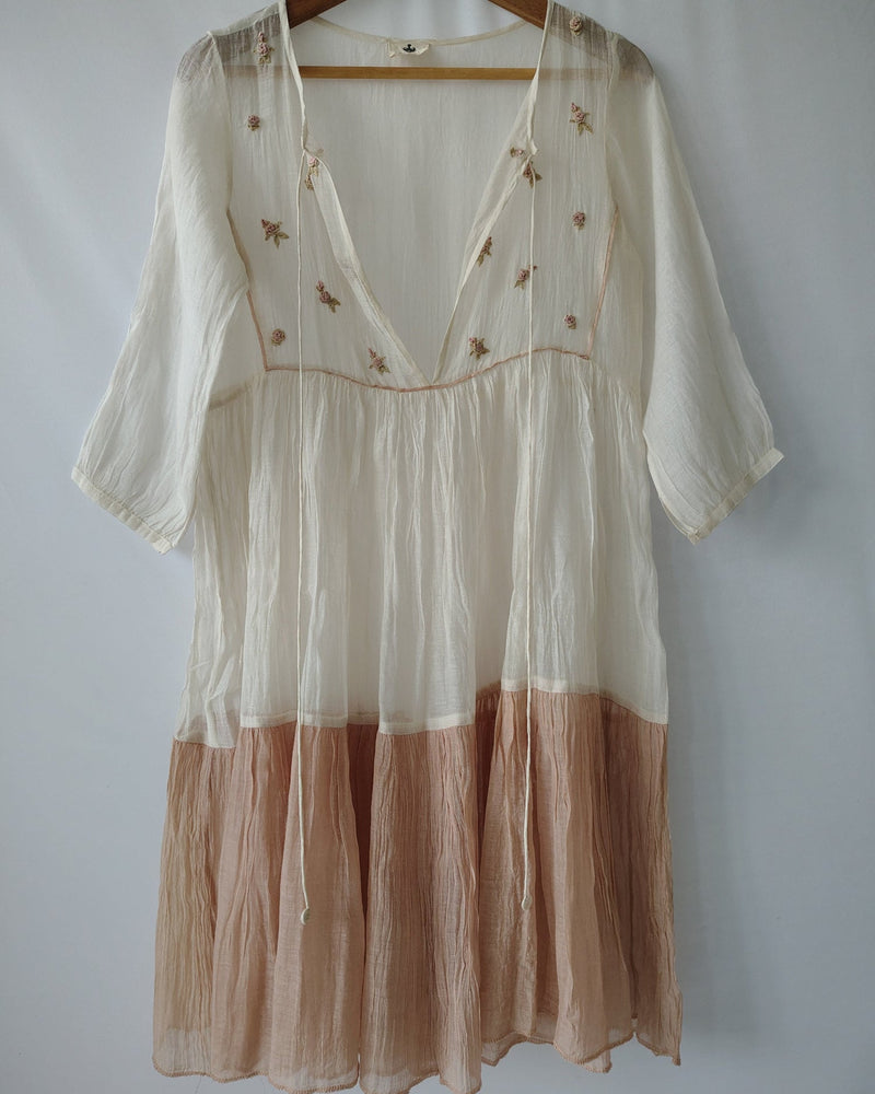 Ivory Hand Embroidered Sheer Cotton Silk Dress