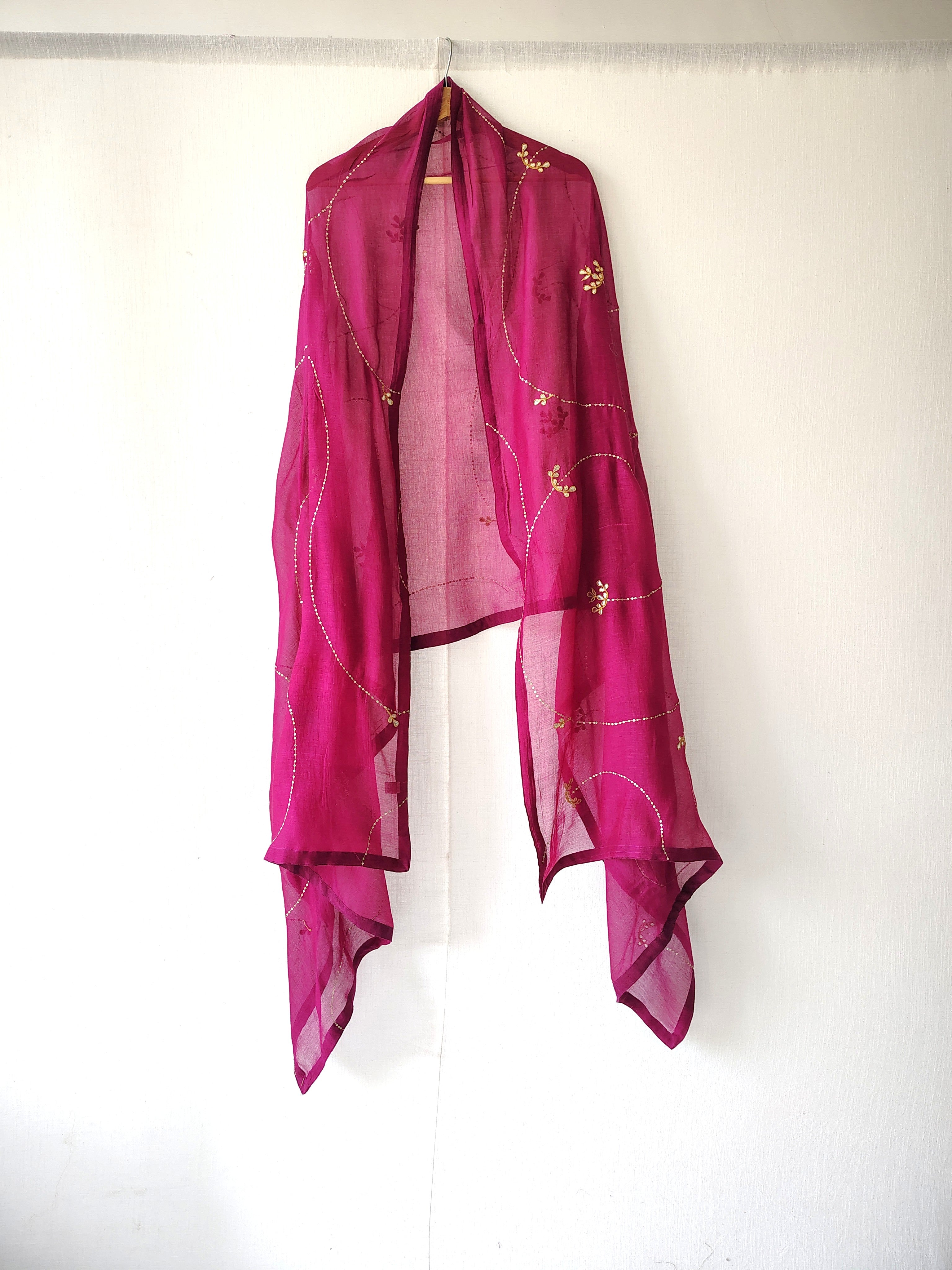 Dark Magenta Pink Hand Embroidered Gota Patti Dupatta