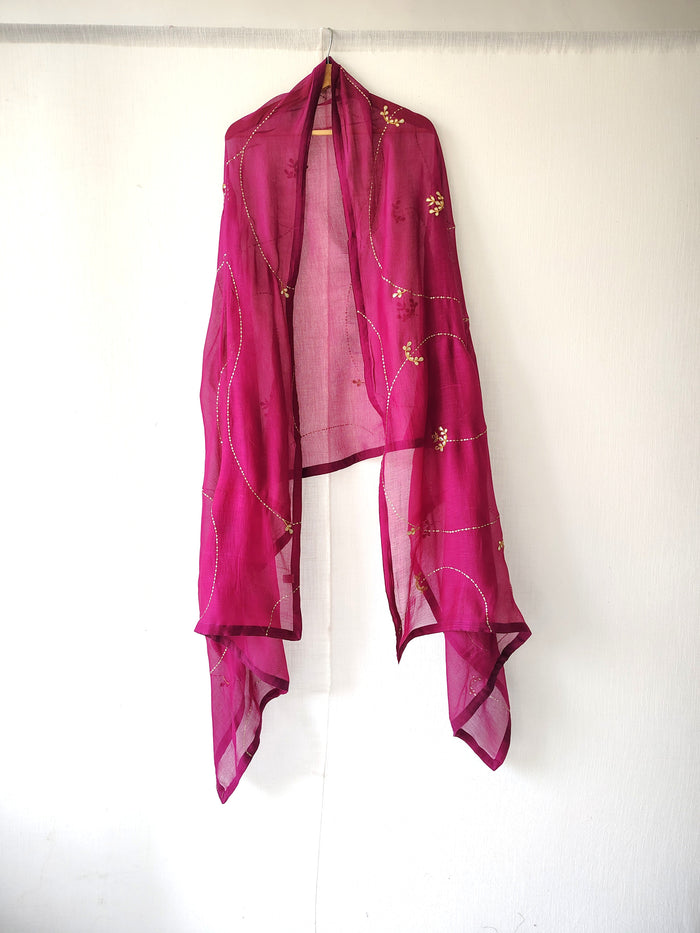 Dark Magenta Pink Hand Embroidered Gota Patti Dupatta